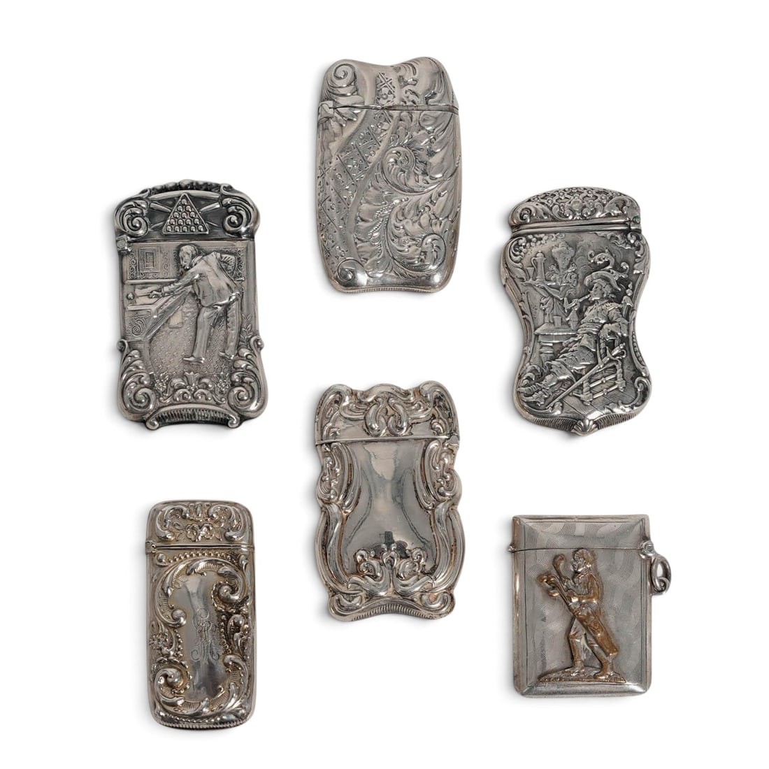 (6 pc) English Sterling Silver Repousse Match Safes: (6 pc) English Sterling Silver Repousse Match Safes Late 19th to Early 20th Cent. Artist/Designer/Manufacturer: Gorham; R. Wallace & Sons Mfg. Co.; W & D; Unknown Marking(s); notes: Two marked “STER