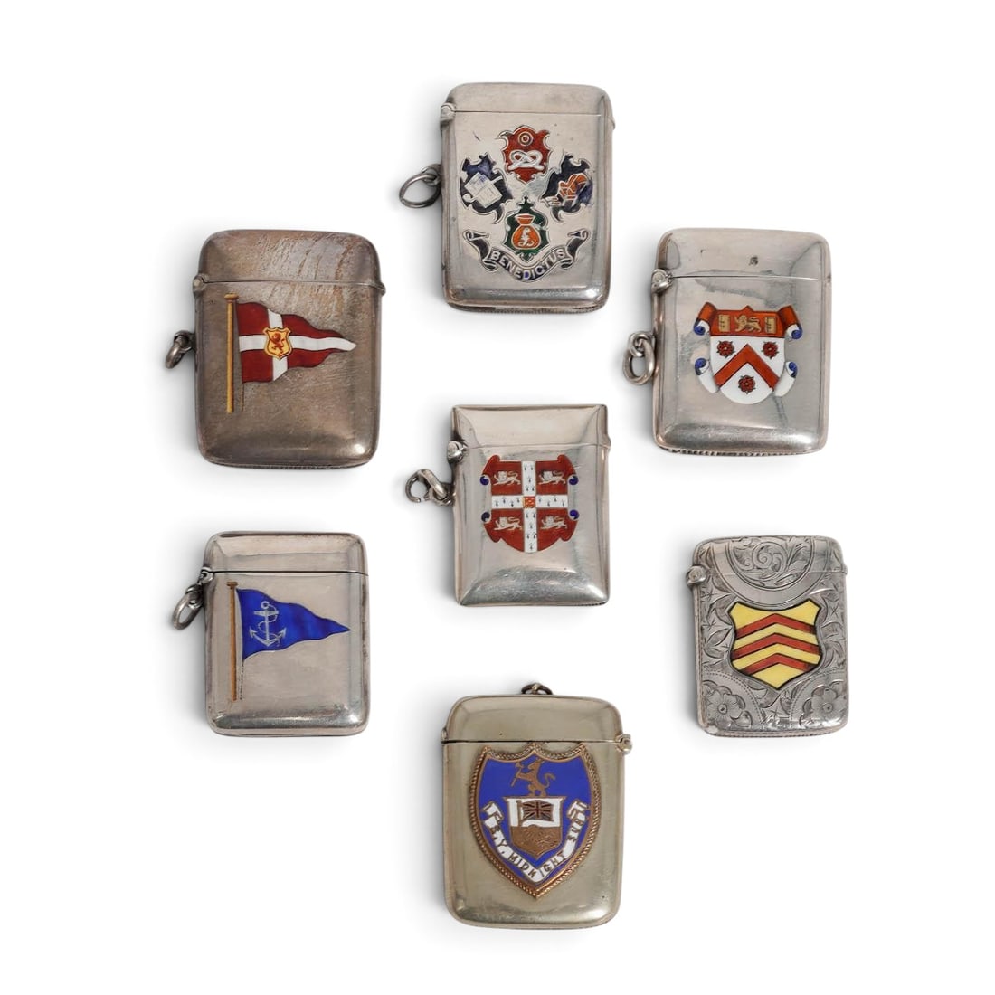 (7 pc) Antique English Sterling & Plated Silver Match Safes: (7 pc) Antique English Sterling & Plated Silver Match Safes Late 19th - Early 20th Cent, England Artist/Designer/Manufacturer: Bernard Cuzner; F.G.T.; Barrowclift Silver; Cornelius Saunders & Francis