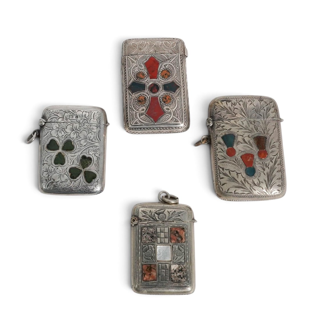 (4pc) Antique Sterling Silver & Stone Inlay Match Safes: (4pc) Antique Sterling Silver & Stone Inlay Match Safes 19th Cent. European Artist/Designer/Manufacturer: Smith & Bartlam; Unknown Marking(s); notes: Various English sterling silver maker’s and