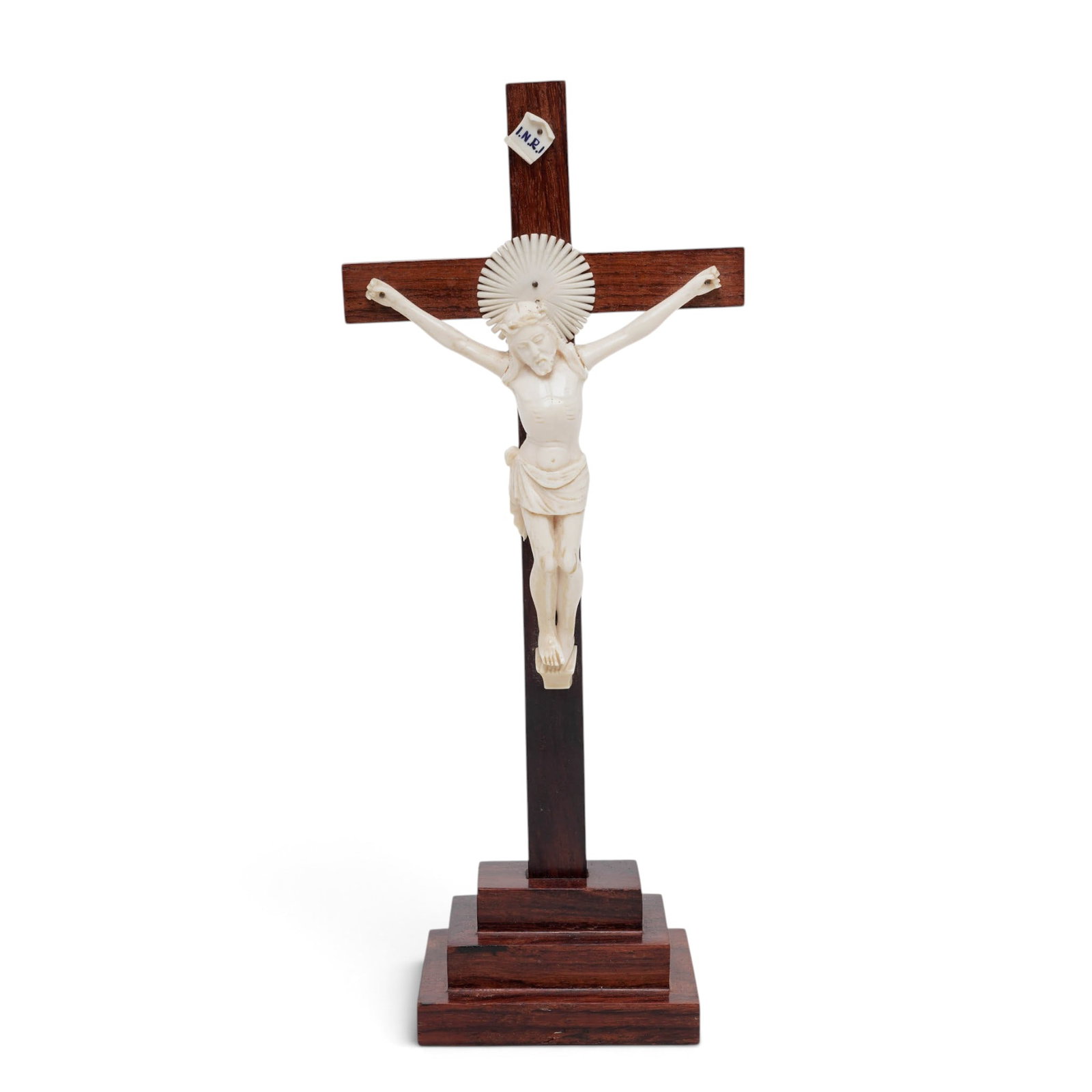 Antique Carved Rosewood & Bone Standing Crucifix: Antique Carved Rosewood & Bone Standing Crucifix 20th Cent, Likely France Artist/Designer/Manufacturer: Unknown Marking(s); notes: INRI placard Materials: rosewood, carved bone Cataloger Note: Standin