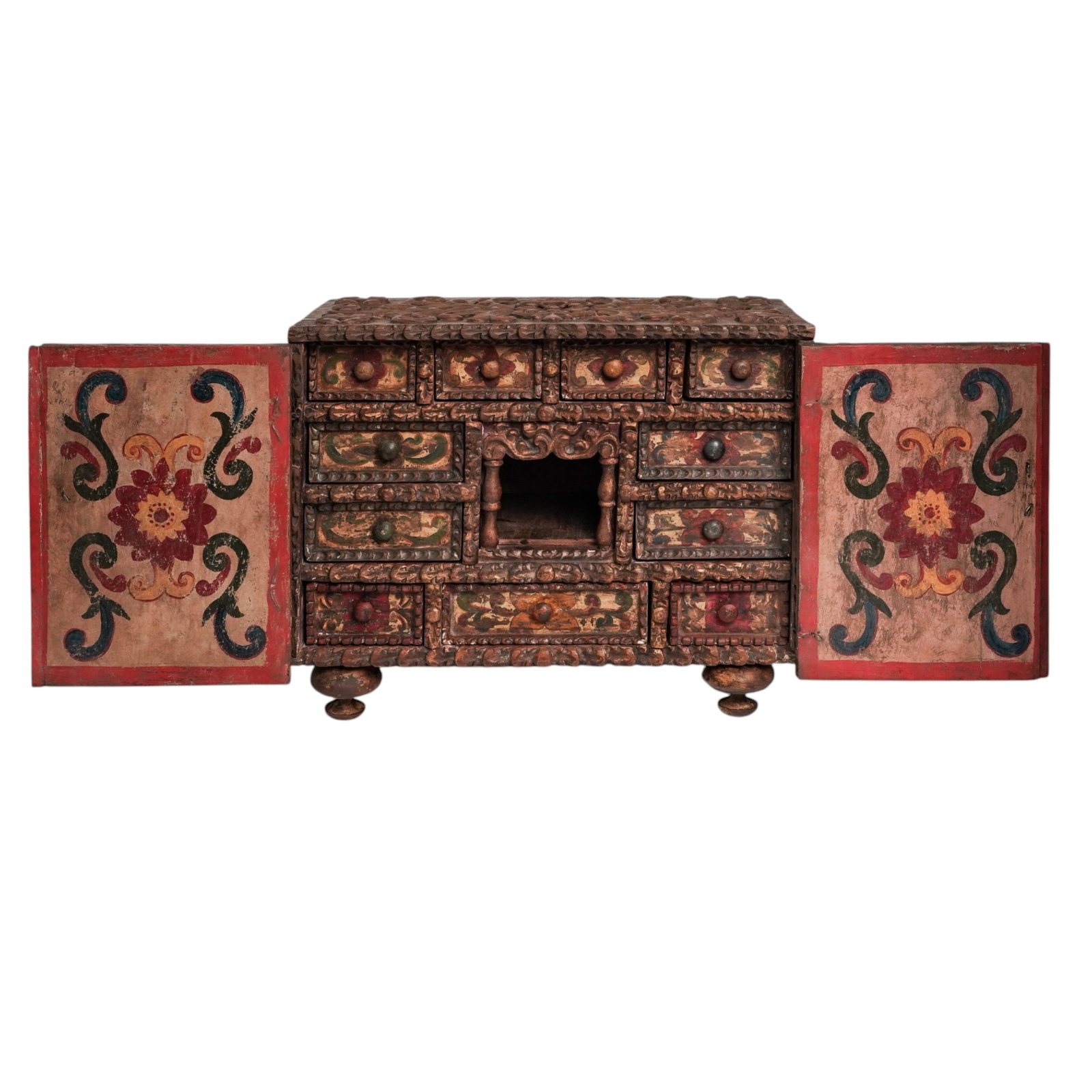Spanish Colonial Carved Wood and Polychrome Chest: Spanish Colonial Carved Wood and Polychrome Chest Late 18th to Early 20th Cent. South America Spanish Colonial carved wood chest richly decorated with polychrome painted surfaces and extensive relief