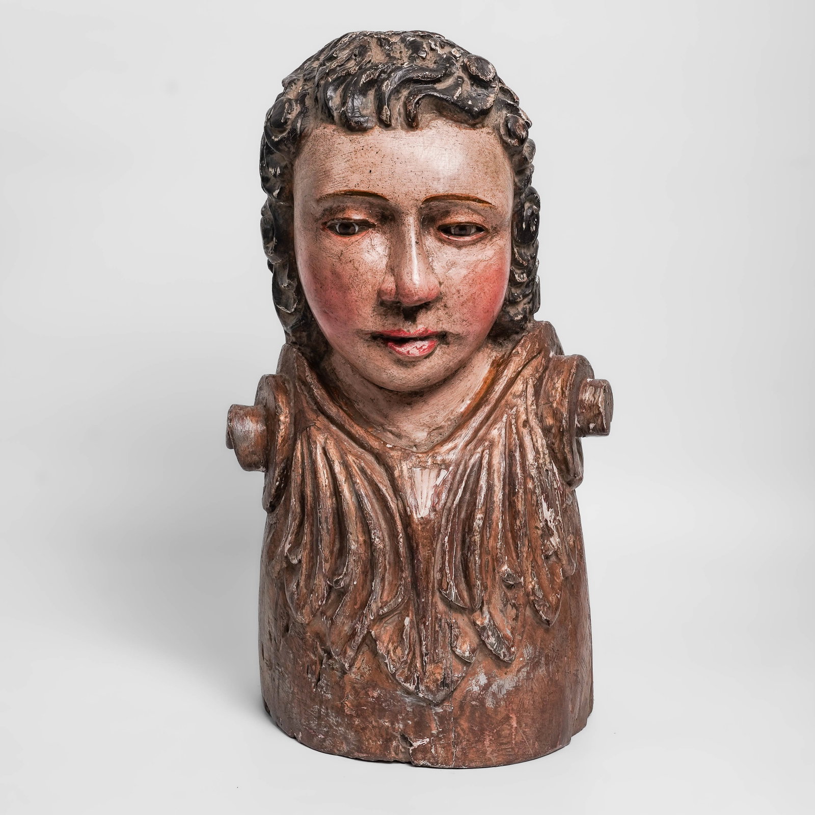 Antique Spanish Colonial Polychrome Wood & Glass Eyes Figure: Antique Spanish Colonial Polychrome Wood & Glass Eyes Figure Circa Late 18th to early 19th Cent., South or central America This piece is an example of Barroque devotional Spanish Colonial artistry.