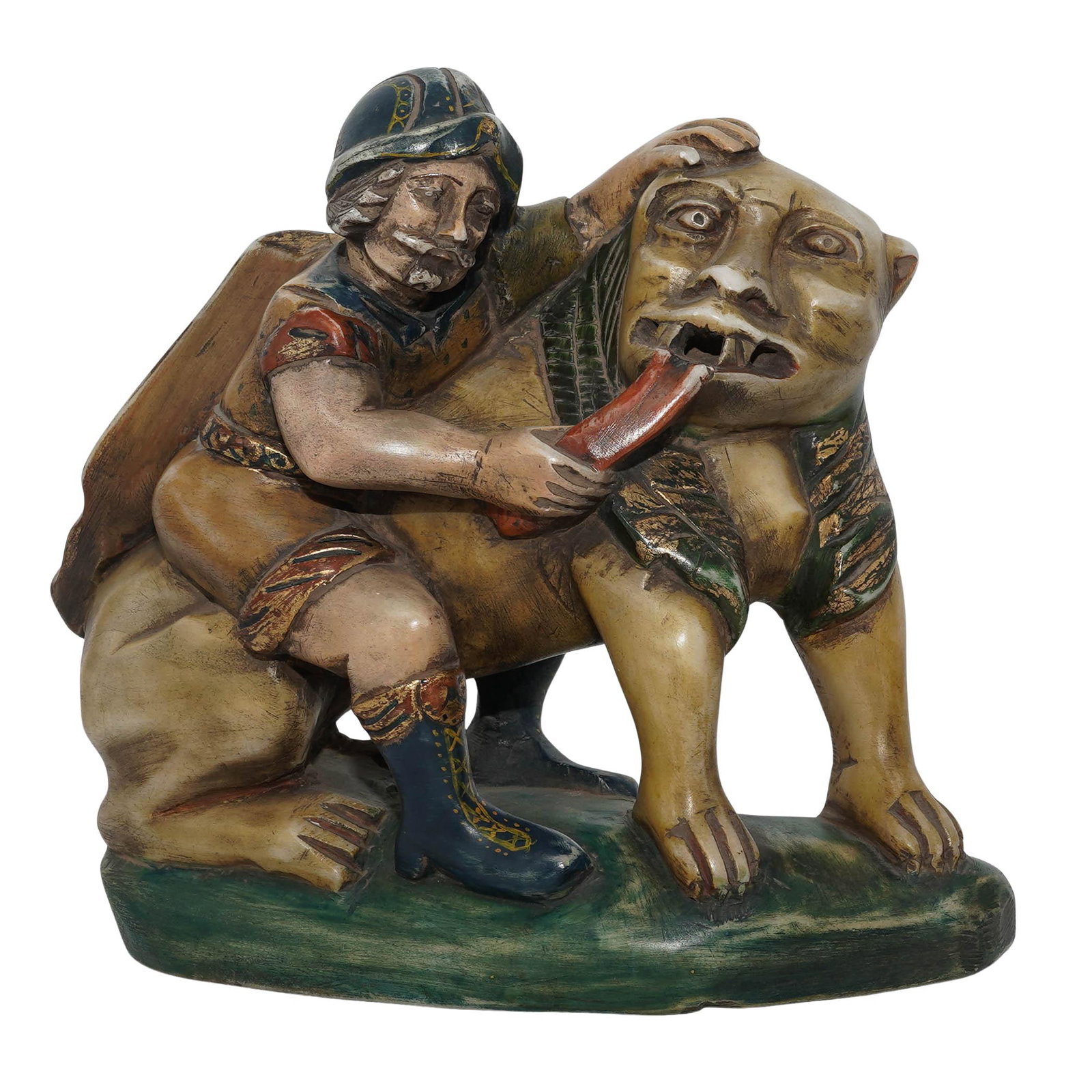 Antique Spanish Colonial Huamanga Alabaster Hercules Nemean Lion Figure: Antique Spanish Colonial Huamanga Alabaster Hercules Nemean Lion Figure Late 18th-19th century, Peruvian An expressive example of Spanish Colonial folk art, this sculpture is meticulously hand-carved