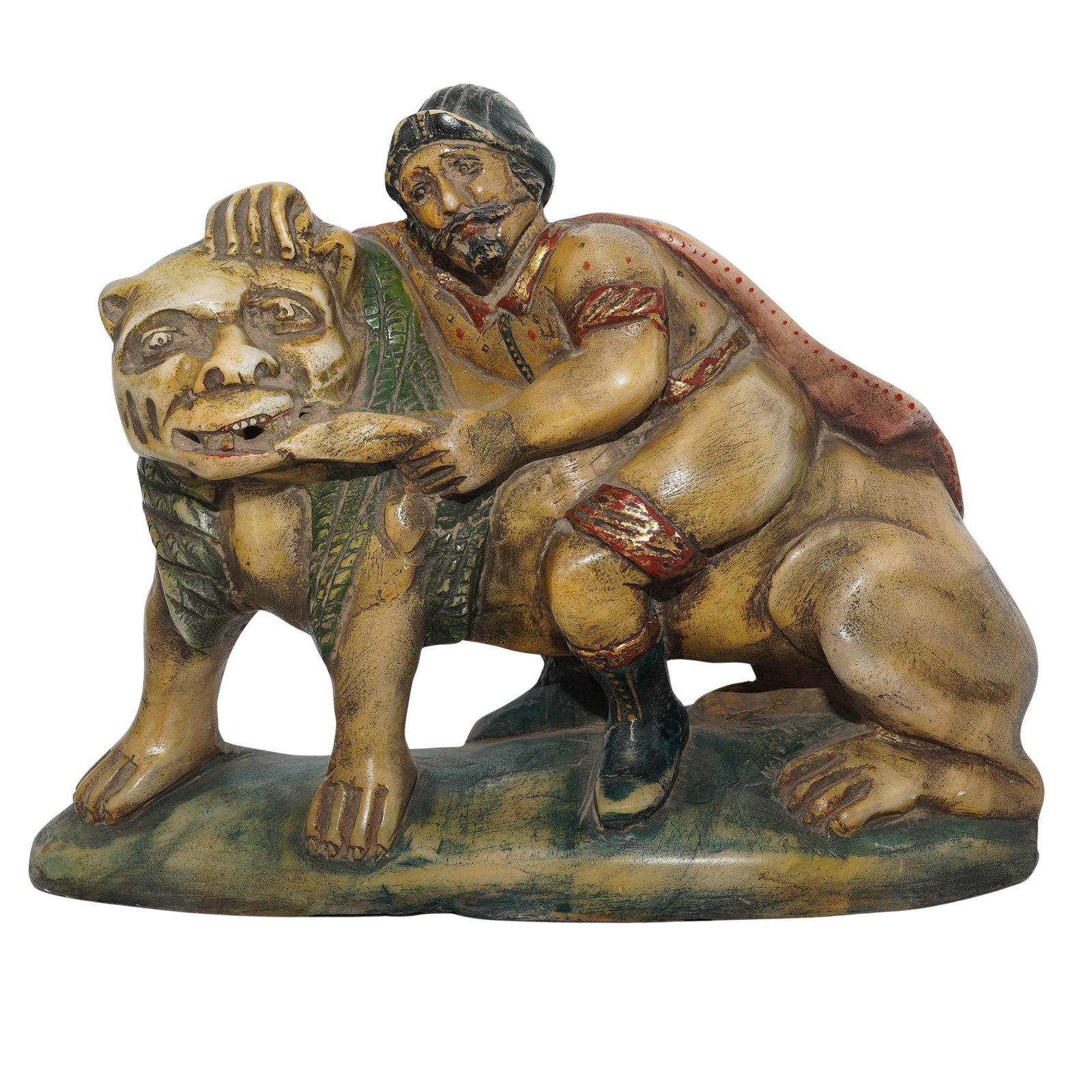 Antique Spanish Colonial Huamanga Alabaster Hercules Nemean Lion Figure: Antique Spanish Colonial Huamanga Alabaster Hercules Nemean Lion Figure Late 18th-19th century, South America An expressive example of Spanish Colonial folk art, this sculpture is meticulously