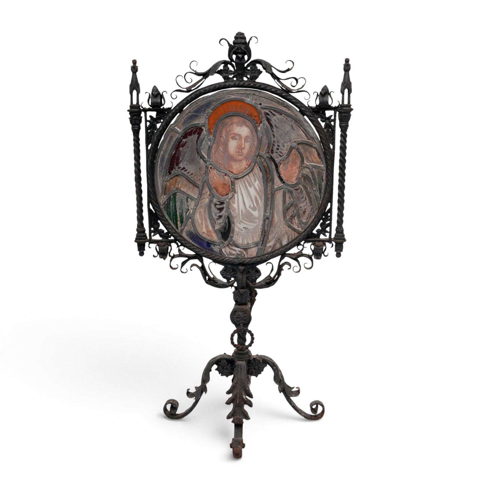 Antique Gothic Revival Tabletop Devotional Display: Antique Gothic Revival Tabletop Devotional Display Late 19th - Early 20th Cent, European Artist/Designer/Manufacturer: Unknown Marking(s); notes:none Materials: cast metal, leaded stained glass