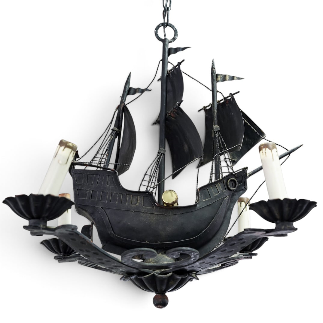 Vintage Wrought Iron Spanish Ship Four-Light Chandelier (1 of 4)