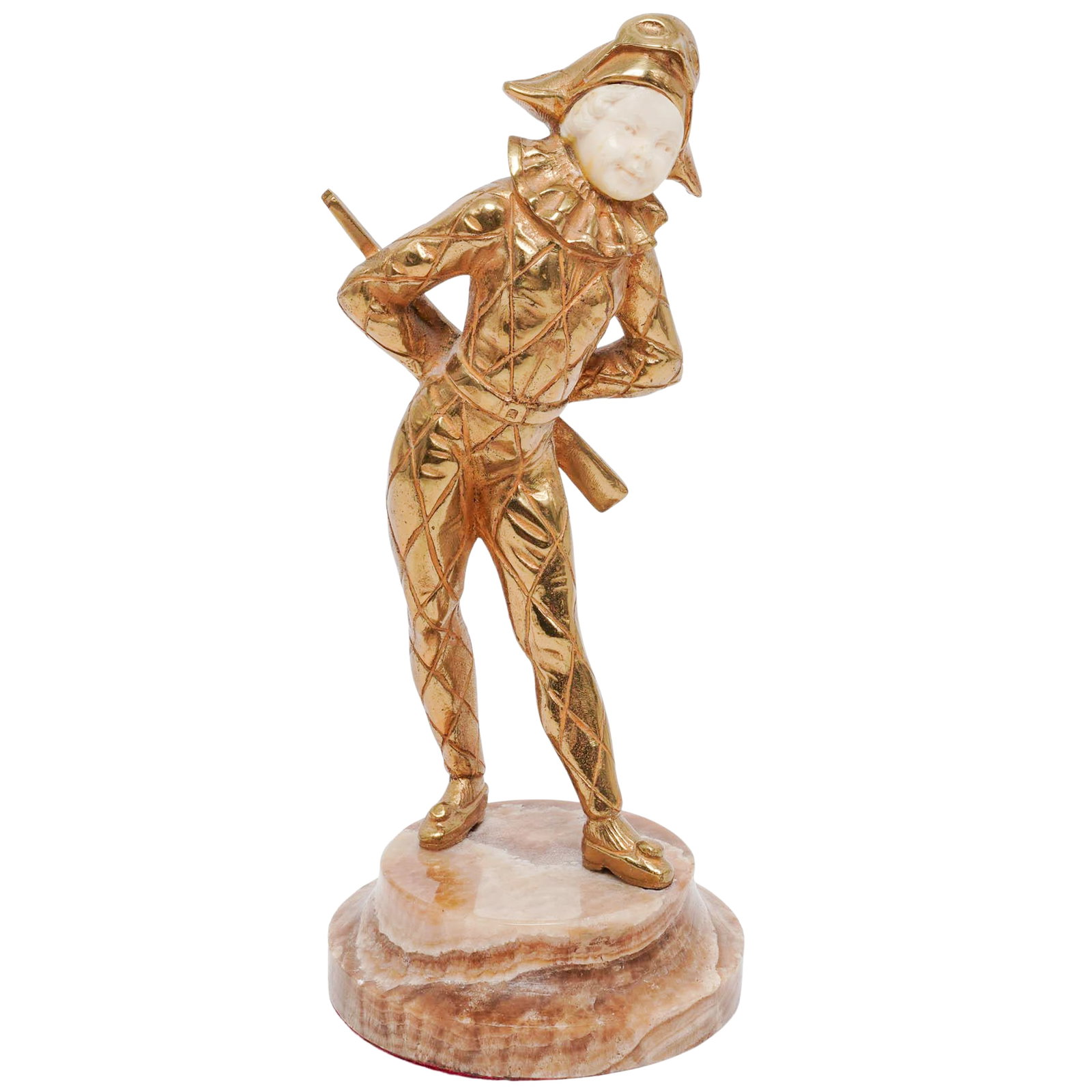 Antique French Gilt Bronze and Carved Bone Pierrot Sculpture: Antique French Gilt Bronze and Carved Bone Pierrot Sculpture Early 20th Century, France Artist/Designer/Manufacturer: Unknown. Marking(s): None. Materials: Gilt bronze, bone & marble. Cataloger Note: 