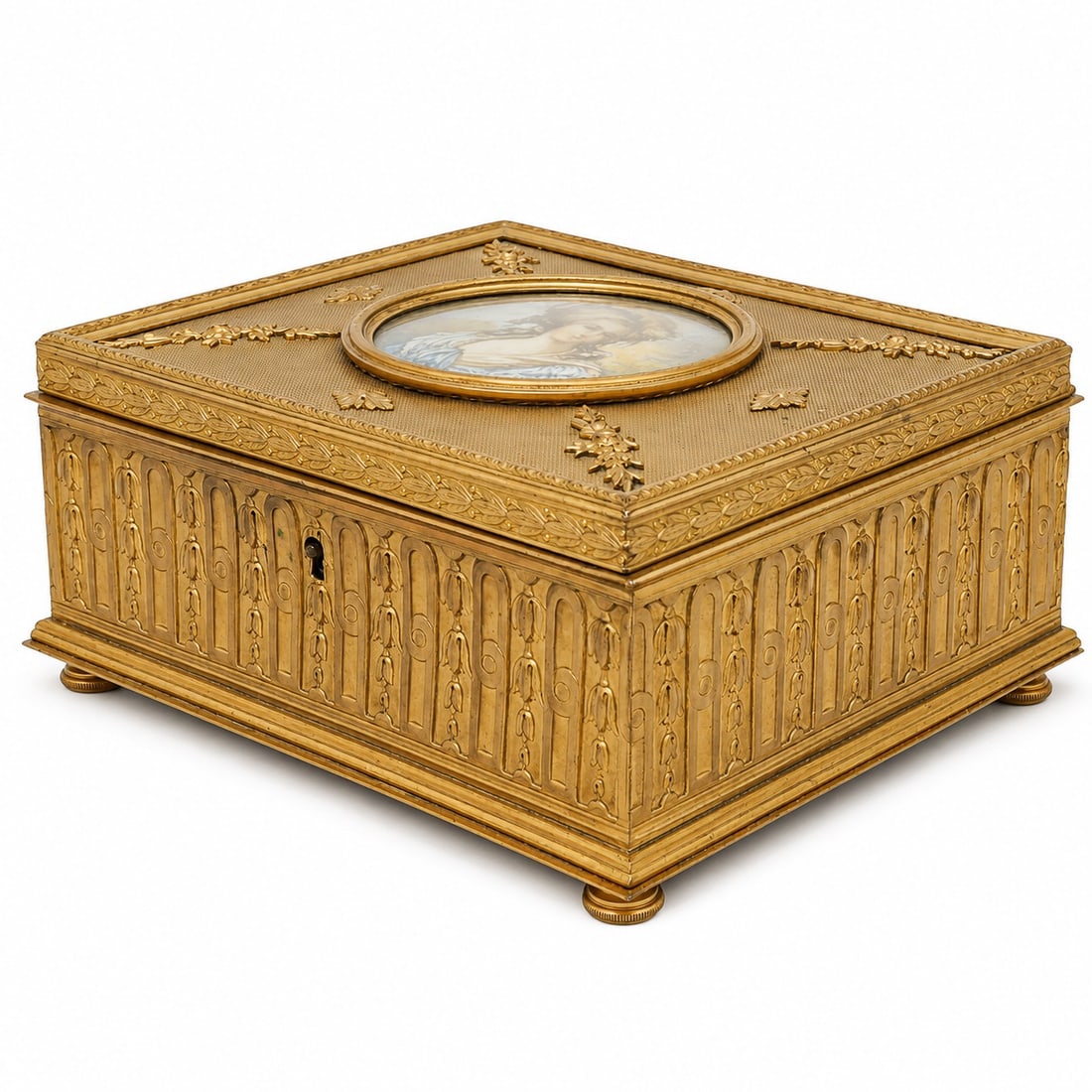 Antique French Ormolu Jewelry Casket w/ Signed Portrait: Antique French Ormolu Jewelry Casket w/ Signed Portrait 19th Century, France Artist/Designer/Manufacturer: Unknown. Marking(s): “France” stamped to underside; miniature portrait signed by arti