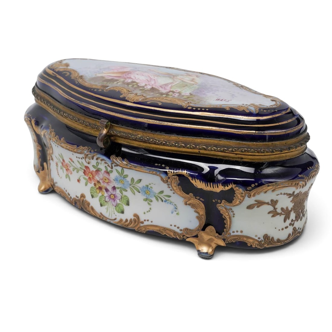 Antique Sevres Gilt Painted Porcelain Casket: Antique Sevres Gilt Painted Porcelain Casket 19th Century, France Artist/Designer/Manufacturer: Sèvres. Marking(s): Blue underglaze workshop cypher incorporating the letter “S”; circular red 