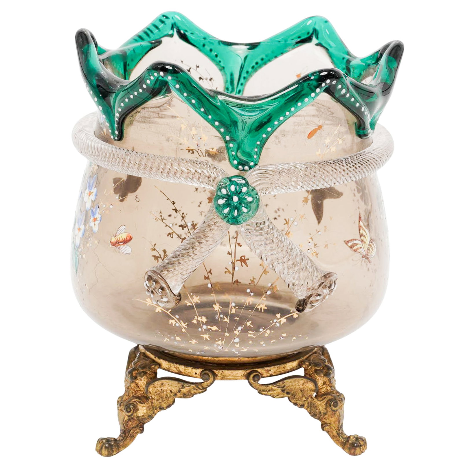 Antique Bohemian Enameled Glass & Gilt Bronze Footed Bowl (1 of 8)