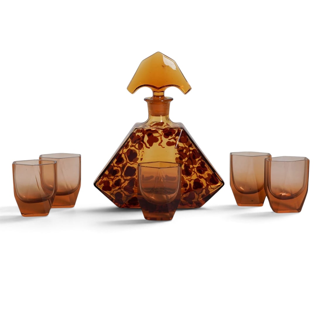 (6 pc) Art Deco Bohemian Amber Glass Liqueur Set (1 of 5)