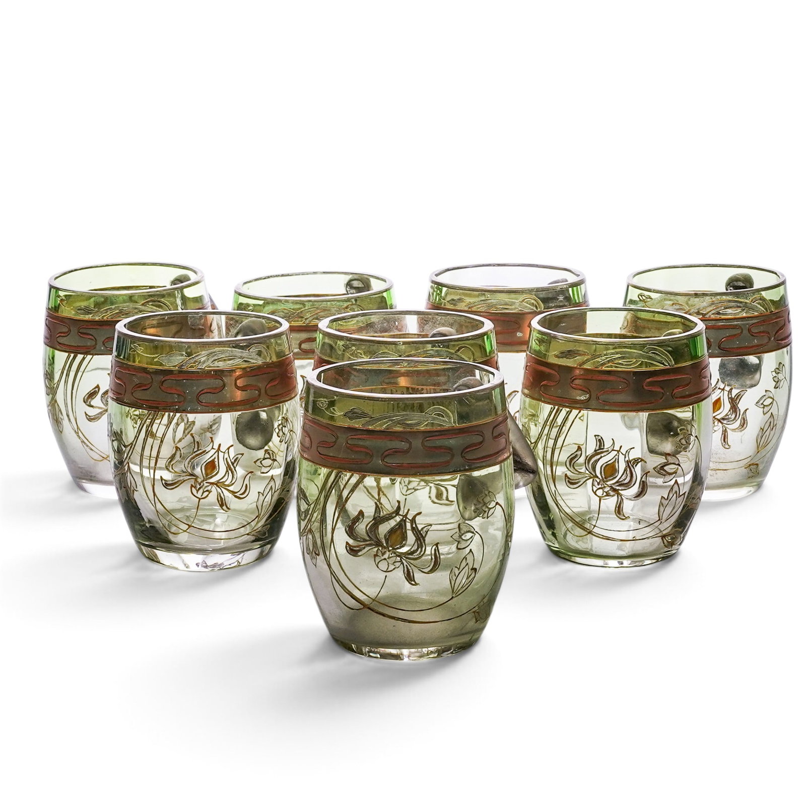 (8 pc) Czech Glass Green & Gilt Teacups: (8 pc) Czech Glass Green & Gilt Teacups Late 19th-Early 20th Century, Czechoslovakia Artist/Designer/Manufacturer: Unknown. Marking(s): None. Materials: Czech glass & gilt decoration. Cataloger Note:
