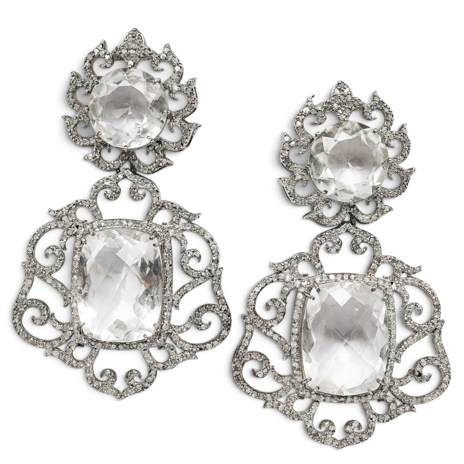 Vintage Sterling Silver, Diamond, & Quartz Earrings: Vintage Sterling Silver, Diamond, & Quartz Earrings Mid-Late 20th Century, USA Artist/Designer/Manufacturer: Unknown. Marking(s): Earring backs marked “925” and “silver.” Materials: