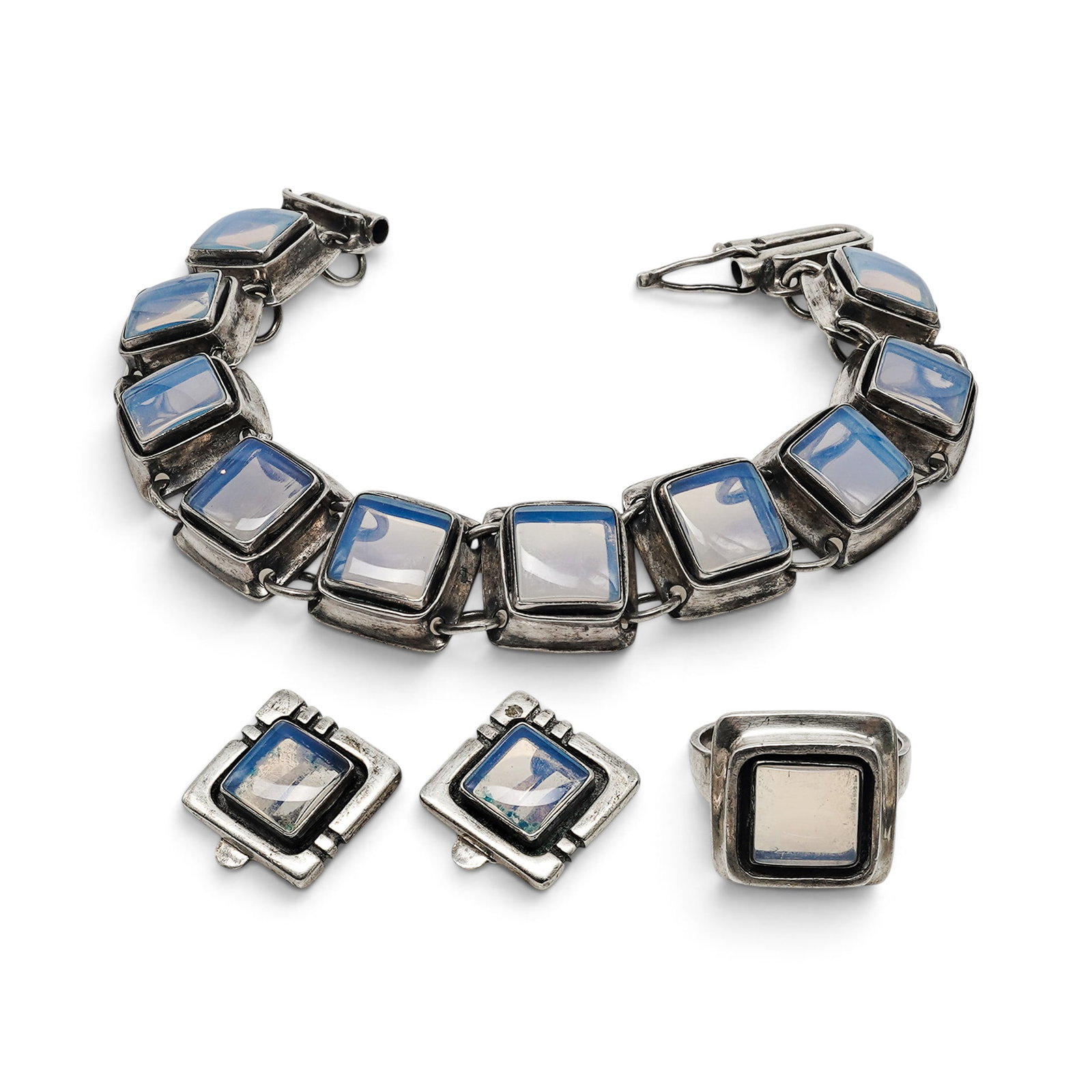 (3 pc) Art Deco Sterling Silver & Opaline Glass Demi-Parure Set: (3 pc) Art Deco Sterling Silver & Opaline Glass Demi-Parure Set Early 20th Century, Continental Artist/Designer/Manufacturer: Unknown. Marking(s): “Sterling.” Materials: Sterling silver & opal