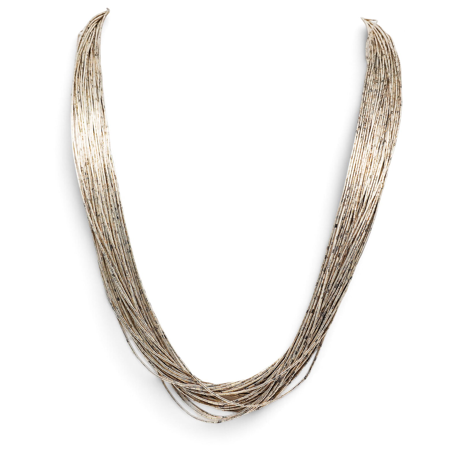 Sterling Silver Multi-Strand Liquid Silver Necklace: Sterling Silver Multi-Strand Liquid Silver Necklace Late 20th Century, USA Artist/Designer/Manufacturer: Unknown. Marking(s): “925.” Materials: Sterling silver. Cataloger Note: Sterling