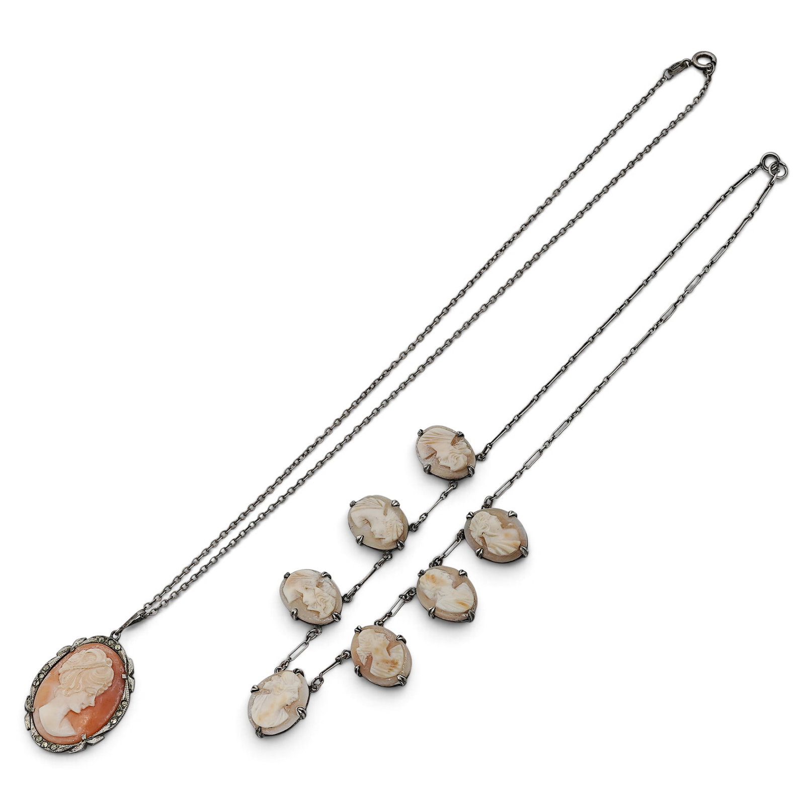 (2 pc) Sterling & 800 Silver Cameo Necklaces: (2 pc) Sterling & 800 Silver Cameo Necklaces 20th Century, Italy Artist/Designer/Manufacturer: Unknown. Marking(s): One necklace marked “STERLING” on clasp; one pendant marked “800”