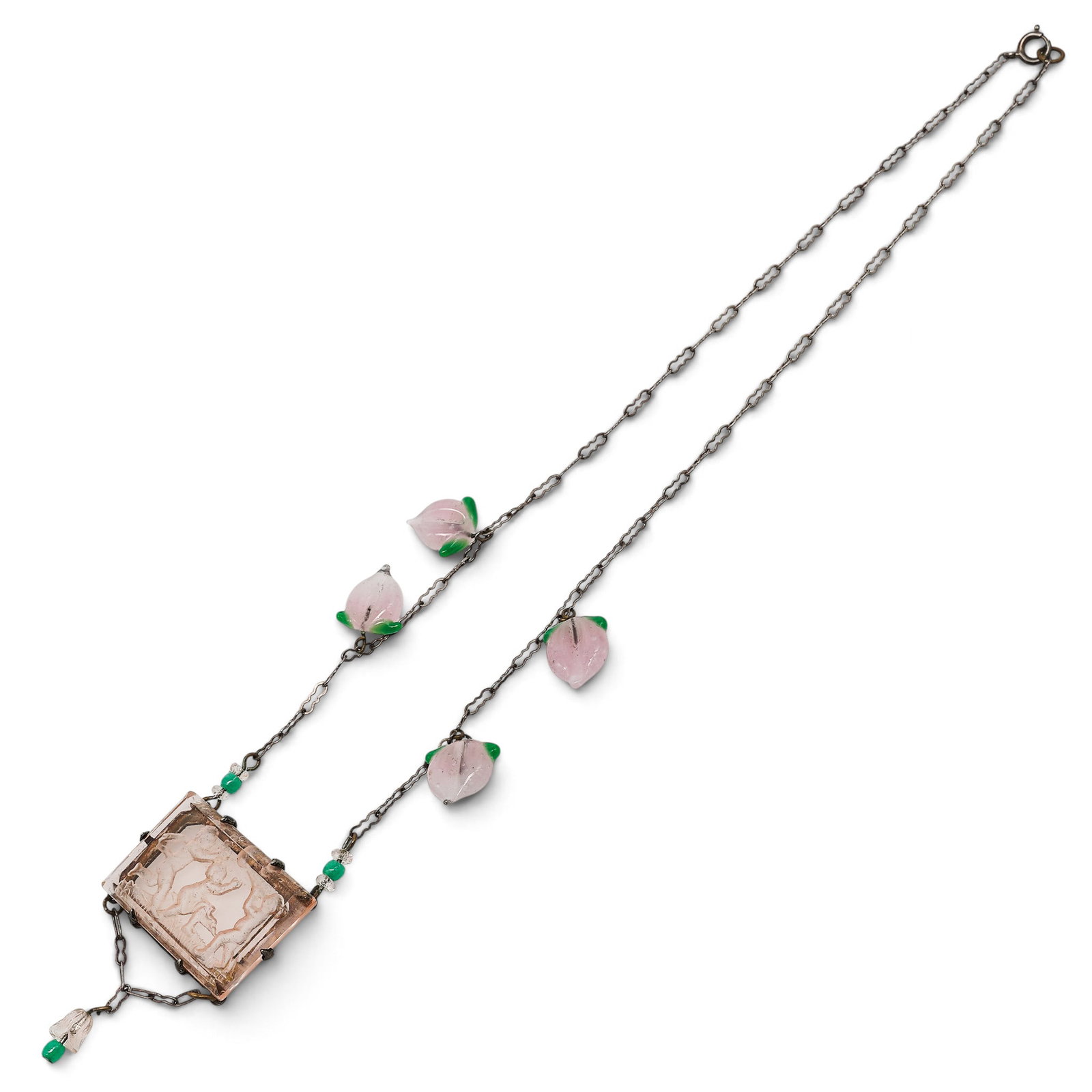 Art Deco Sterling Silver & Pink Intaglio Glass Necklace: Art Deco Sterling Silver & Pink Intaglio Glass Necklace Early 20th Century, Czechoslovakian Artist/Designer/Manufacturer: Unknown. Marking(s): None. Materials: Glass & metal. Cataloger Note: Art Deco