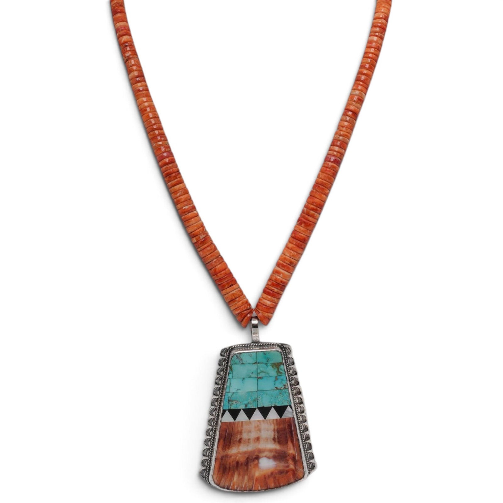Vintage Navajo Pueblo Sterling Silver & Multi-Stone Necklace: Vintage Navajo Pueblo Sterling Silver & Multi-Stone Necklace Late 20th Century, USA Artist/Designer/Manufacturer: Aldrich. Marking(s): “Aldrich” stamped verso; accompanied by original