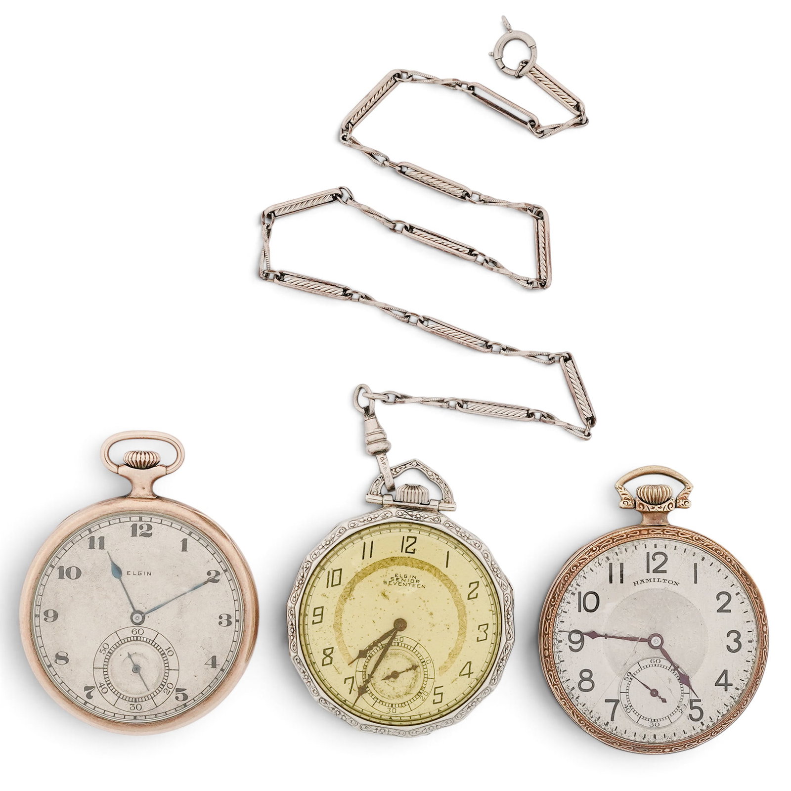 (3 pc) Antique Elgin & Hamilton Pocket Watches: (3 pc) Antique Elgin & Hamilton Pocket Watches Early 20th Century, USA Artist/Designer/Manufacturer: Elgin National Watch Co.; Hamilton Watch Co. Marking(s): :Elgin Natl Watch Co. USA, 17 jewels,