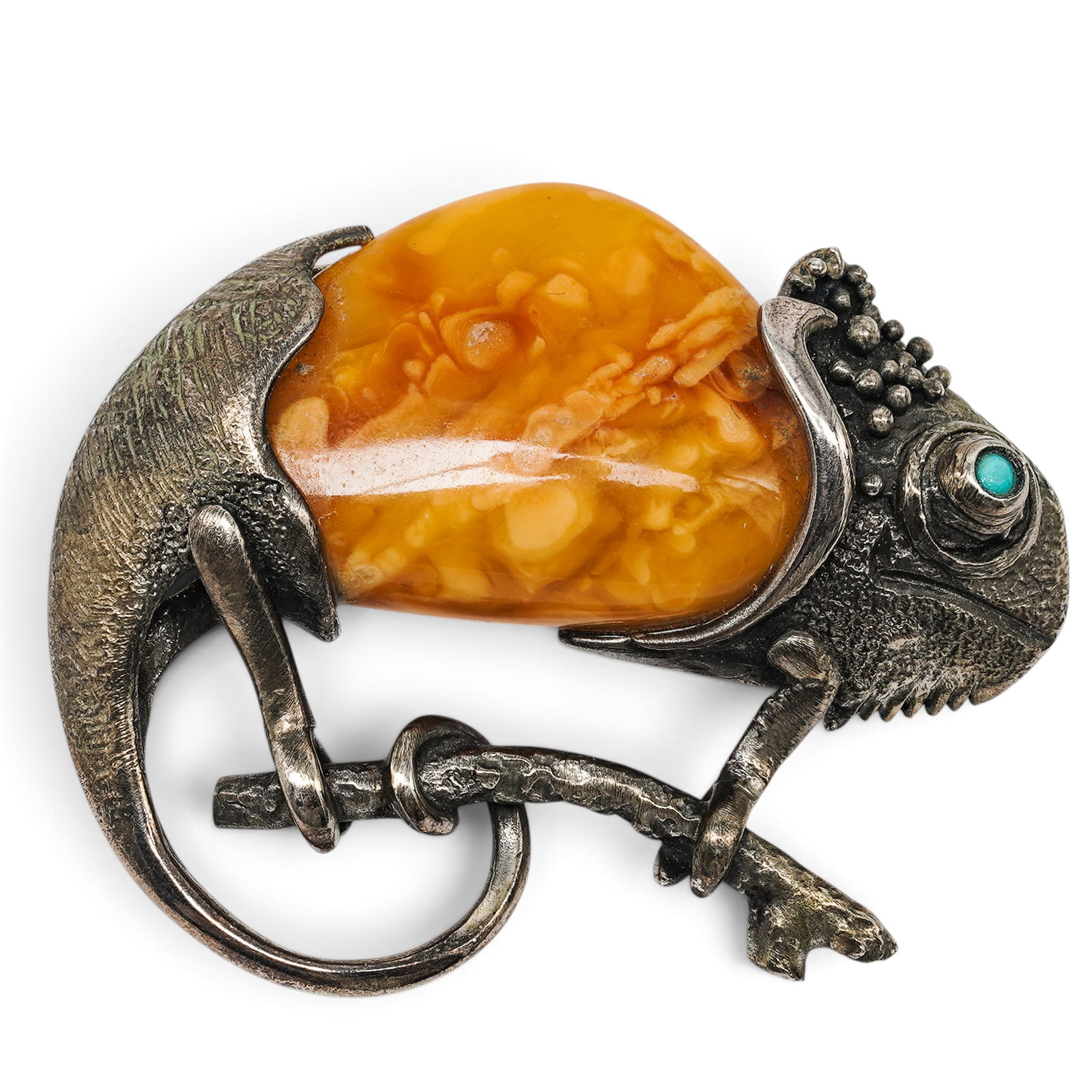 Sterling Silver & Egg Yolk Amber Chameleon Pendant: Sterling Silver & Egg Yolk Amber Chameleon Pendant Mid-Late 20th Century, Continental Artist/Designer/Manufacturer: Unknown. Marking(s): None. Materials: Sterling silver, amber & turquoise. Cataloger