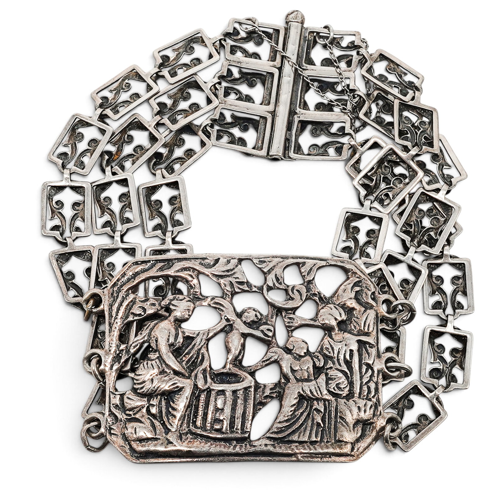Fratelli Coppini Sterling Silver Figural Panel Bracelet: Fratelli Coppini Sterling Silver Figural Panel Bracelet Mid-20th Century, Italy Artist/Designer/Manufacturer: Fratelli Coppini. Marking(s): “STERLING” and stylized “FC” maker’s