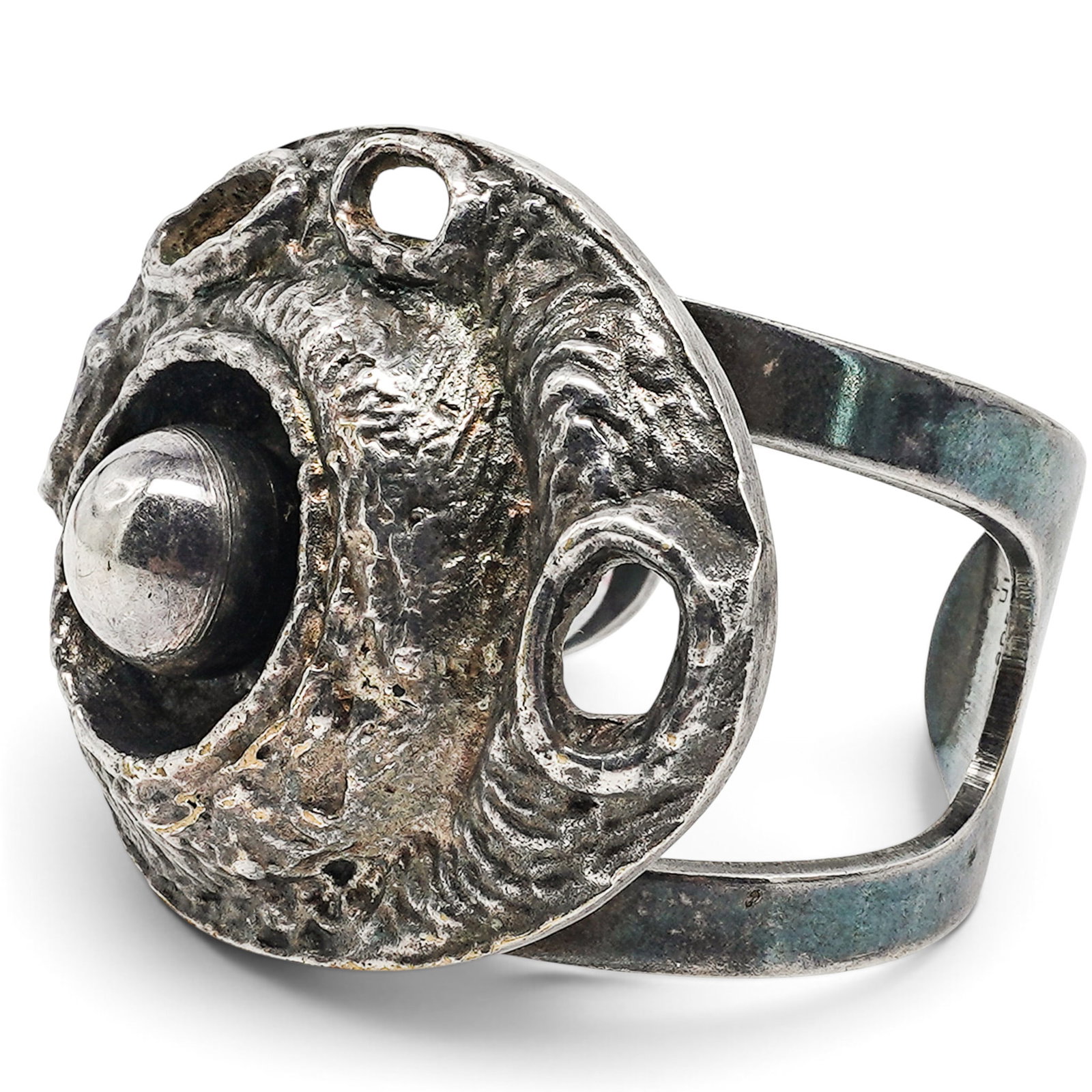 AD Design Large Brutalist Cuff Bracelet: AD Design Large Brutalist Cuff Bracelet Mid 20th Century, Denmark Artist/Designer/Manufacturer: AD Design. Marking(s): Stamped “AD DESIGN made in Denmark.” Materials: Metal. Cataloger Note: