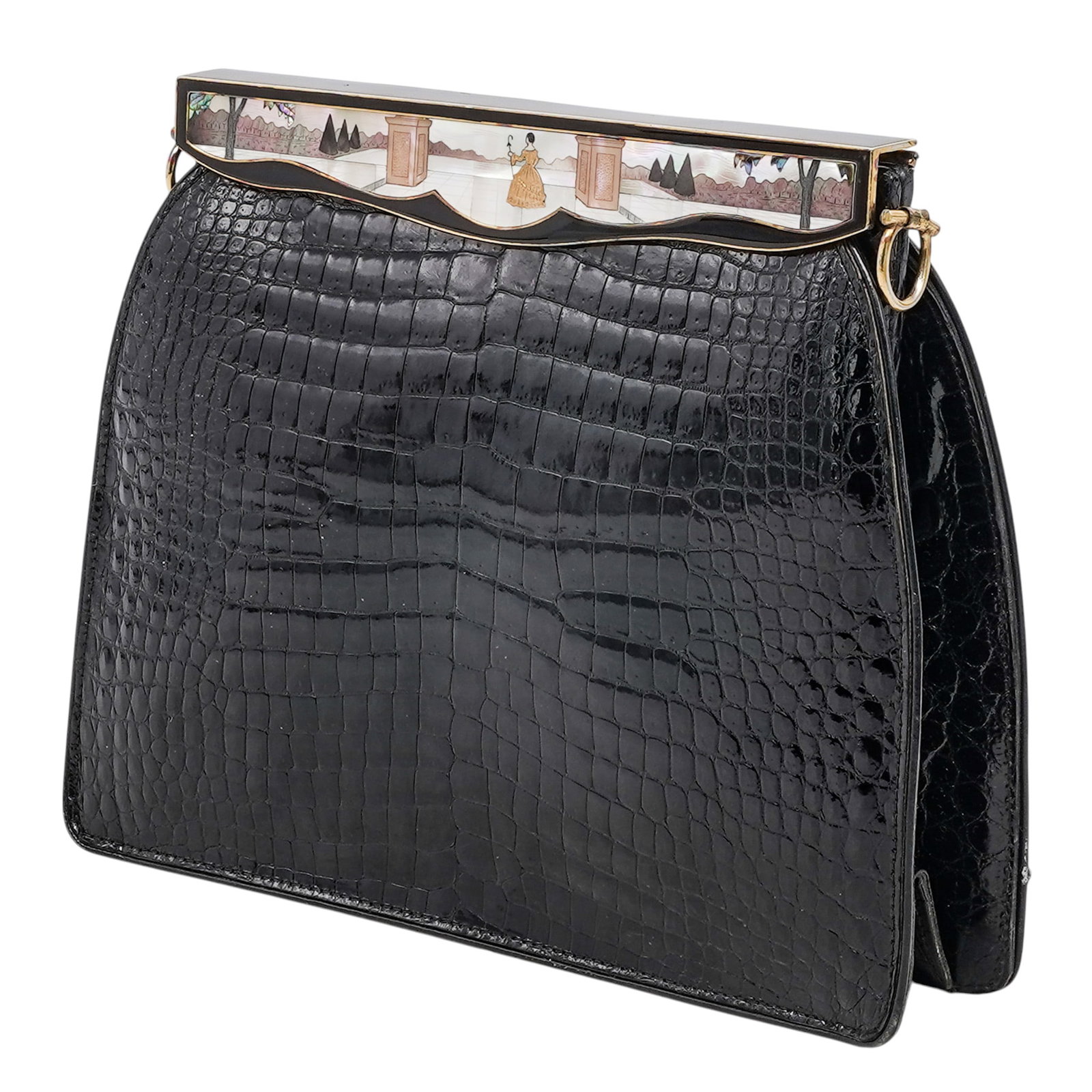 Morabito Black Crocodile Leather & MOP Inlay Shoulder Bag: Morabito Black Crocodile Leather & MOP Inlay Shoulder Bag Early 20th Century, France Artist/Designer/Manufacturer: Morabito Paris. Marking(s): “Morabito Paris” stamped to interior. Materials: