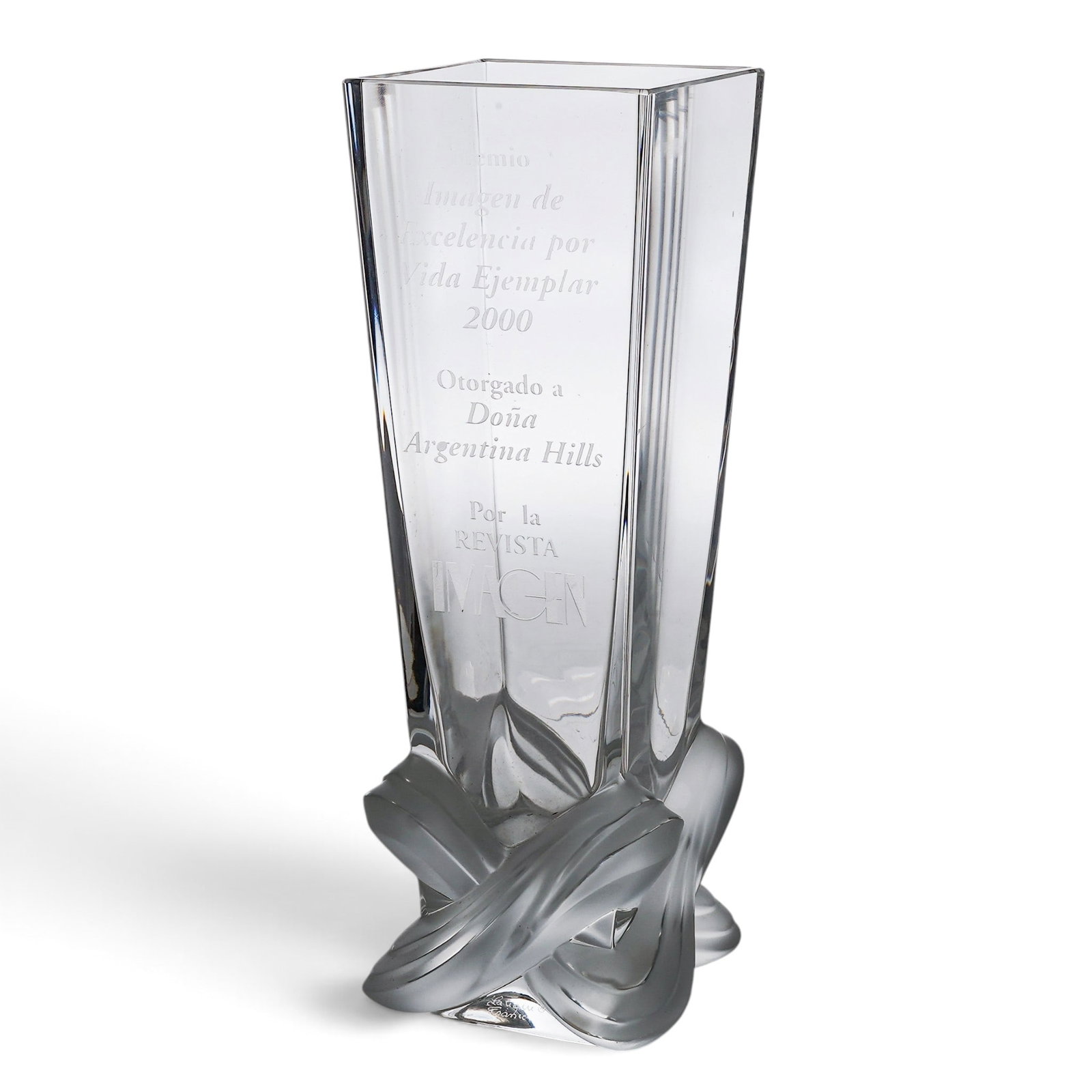 Engraved Lalique "Lucca" Crystal Vase: Engraved Lalique "Lucca" Crystal Vase 2000, France Artist/Designer/Manufacturer: Lalique. Marking(s): “Lalique France” marked to side of clear base; engraved “Dona Argentina Hills, Imagen