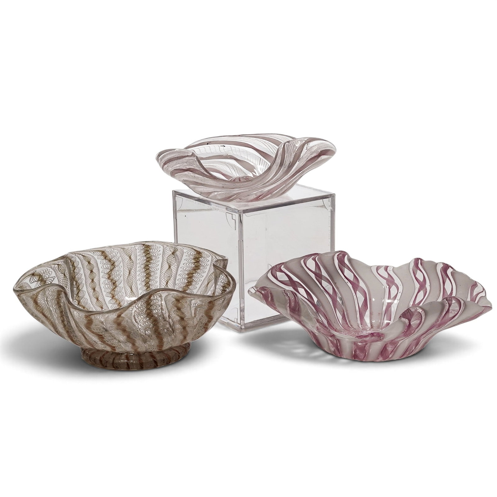 (3 pc) Attrib. Dino Martin Murano Glass Candy Dishes: (3 pc) Attrib. Dino Martin Murano Glass Candy Dishes Mid-20th Century, Italy Artist/Designer/Manufacturer: Unknown. Marking(s): None. Materials: Murano glass. Cataloger Note: Group of three Murano