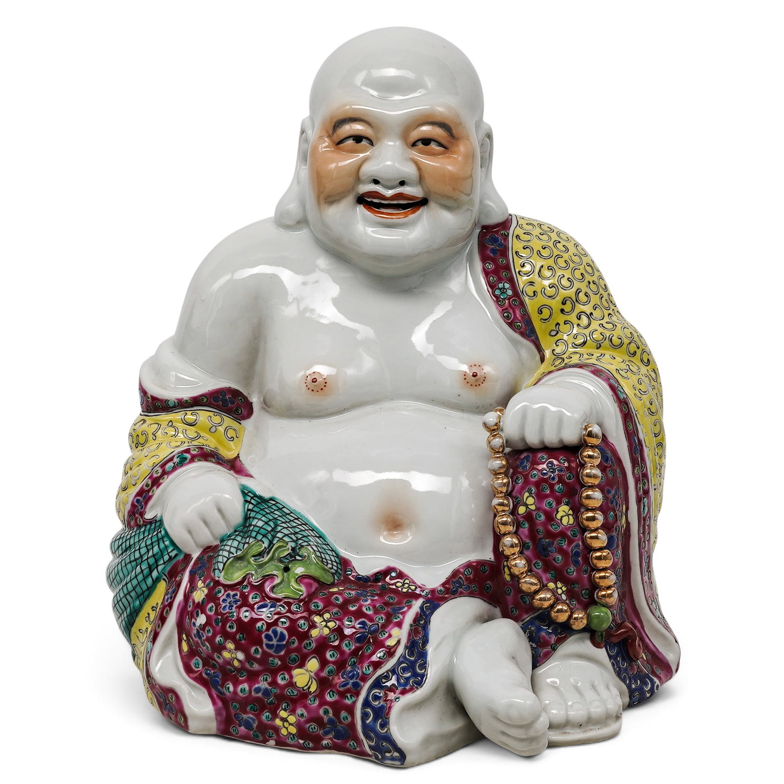 Vintage Chinese Famille Rose Porcelain Laughing Buddha Figurine: Vintage Chinese Famille Rose Porcelain Laughing Buddha Figurine Mid 20th Century, China Artist/Designer/Manufacturer: Unknown. Marking(s): None. Materials: Porcelain & enamel. Cataloger Note: Vintage