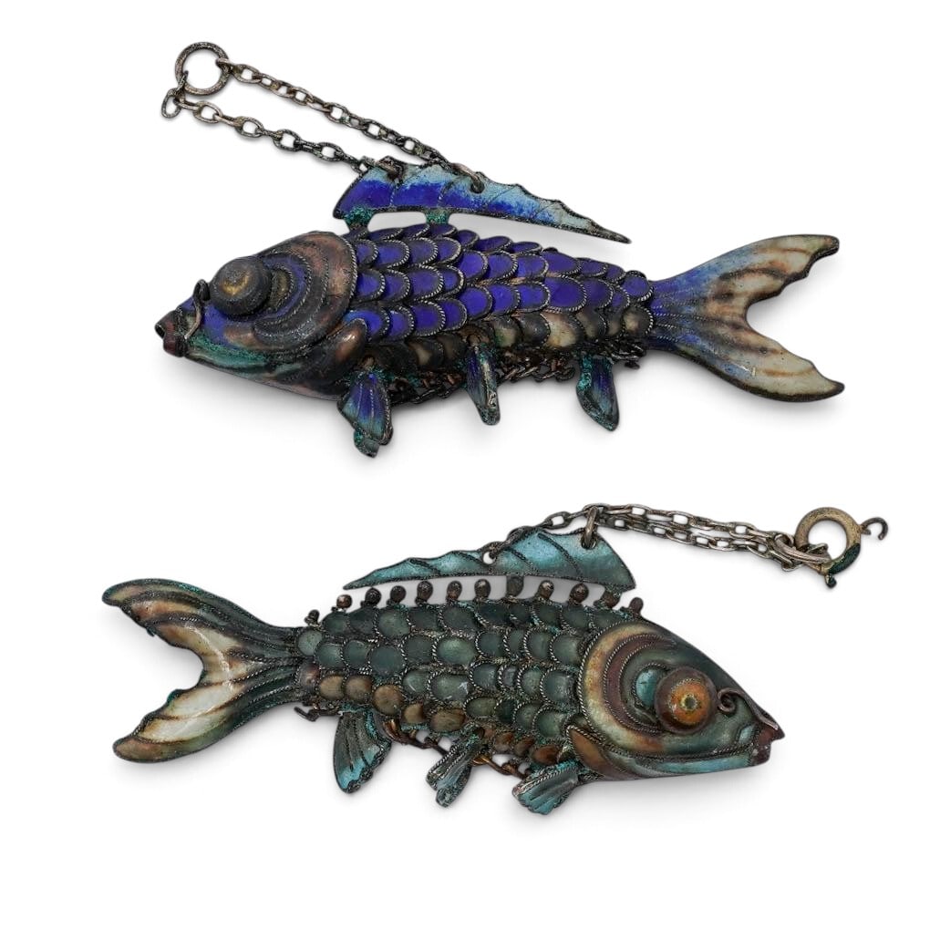 (2 pc) Vintage Chinese Gilt Silver & Cloisonne Enamel Fish Pendants: (2 pc) Vintage Chinese Gilt Silver & Cloisonne Enamel Fish Pendants Mid-20th Century, China Artist/Designer/Manufacturer: Unknown. Marking(s): None. Materials: Gilt silver & enamel. Cataloger Note: