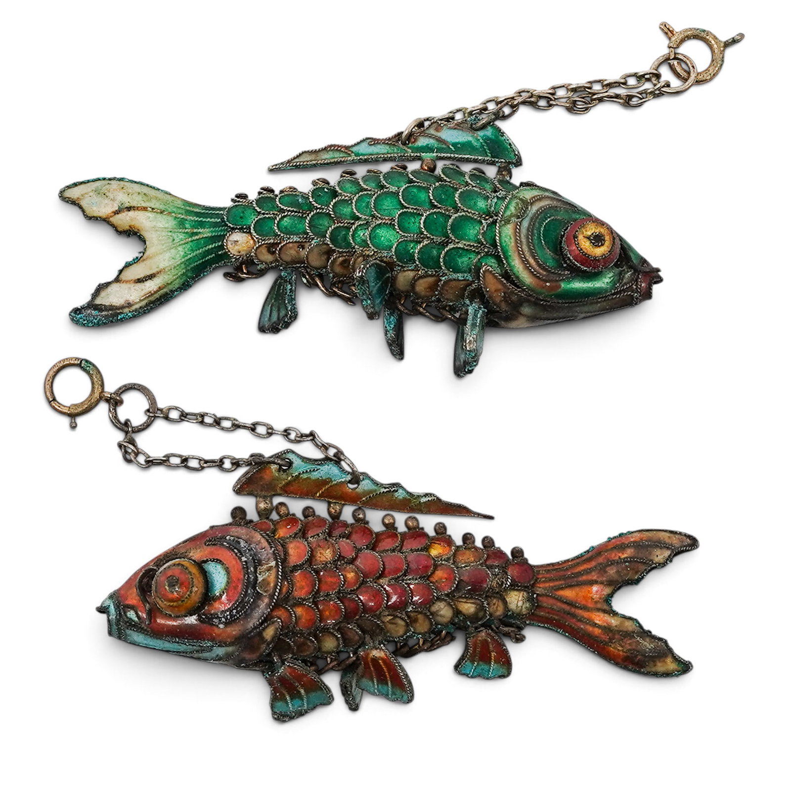 (2 pc) Vintage Chinese Gilt Silver & Cloisonne Enamel Fish Pendants: (2 pc) Vintage Chinese Gilt Silver & Cloisonne Enamel Fish Pendants Mid-20th Century, China Artist/Designer/Manufacturer: Unknown. Marking(s): None. Materials: Gilt silver & enamel. Cataloger Note: