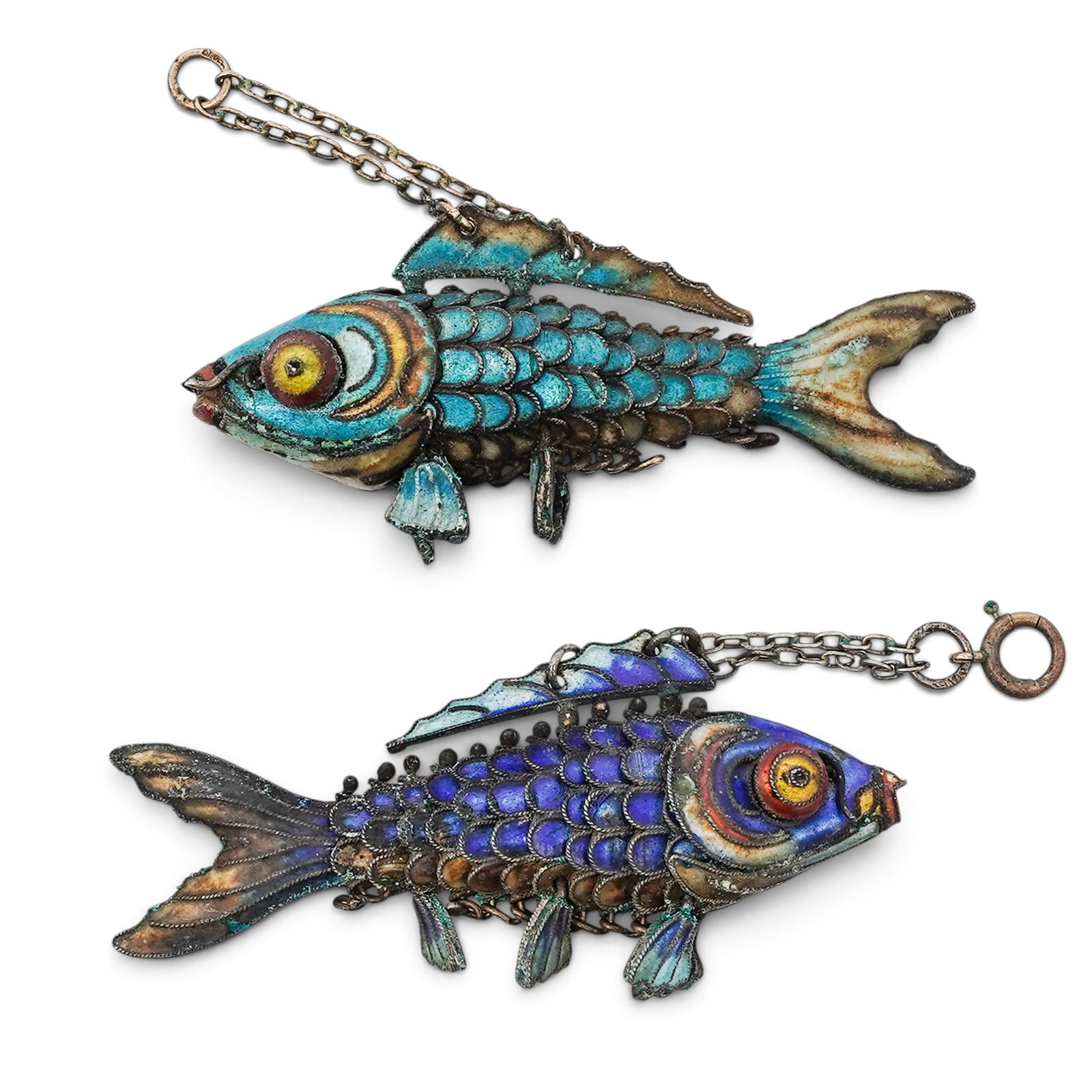 (2 pc) Vintage Chinese Gilt Silver & Cloisonne Enamel Fish Pendants: (2 pc) Vintage Chinese Gilt Silver & Cloisonne Enamel Fish Pendants Mid 20th Century, China Artist/Designer/Manufacturer: Unknown. Marking(s): None. Materials: Gilt silver & enamel. Cataloger Note: