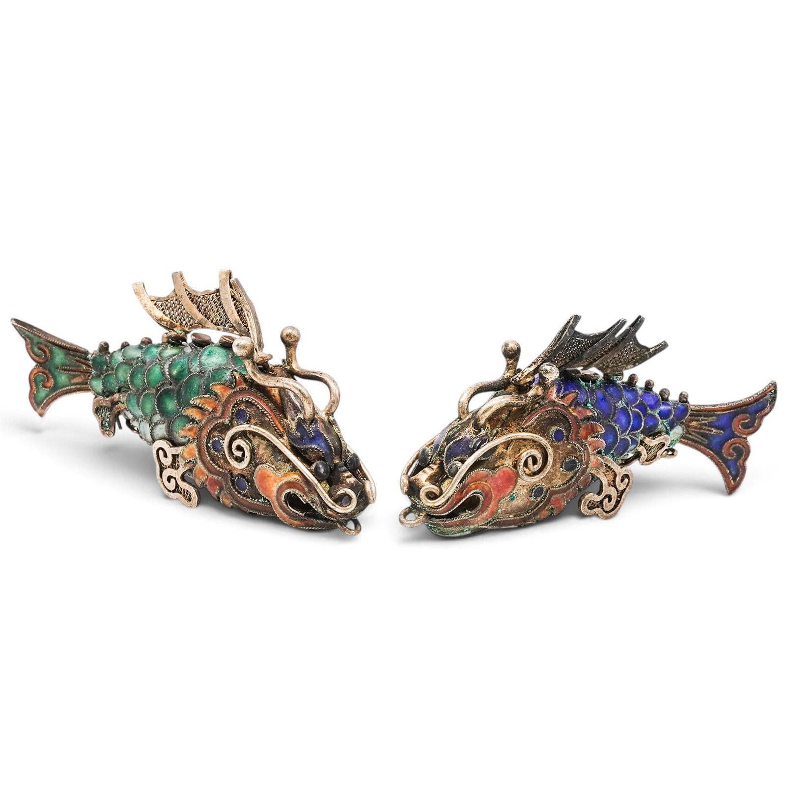 (2 pc) Chinese Gilt Silver & Cloisonne Enamel Fish Pendants: (2 pc) Chinese Gilt Silver & Cloisonne Enamel Fish Pendants Early 20th Century, China Artist/Designer/Manufacturer: Unknown. Marking(s): None. Materials: Gilt silver & enamel. Cataloger Note: Pair of 