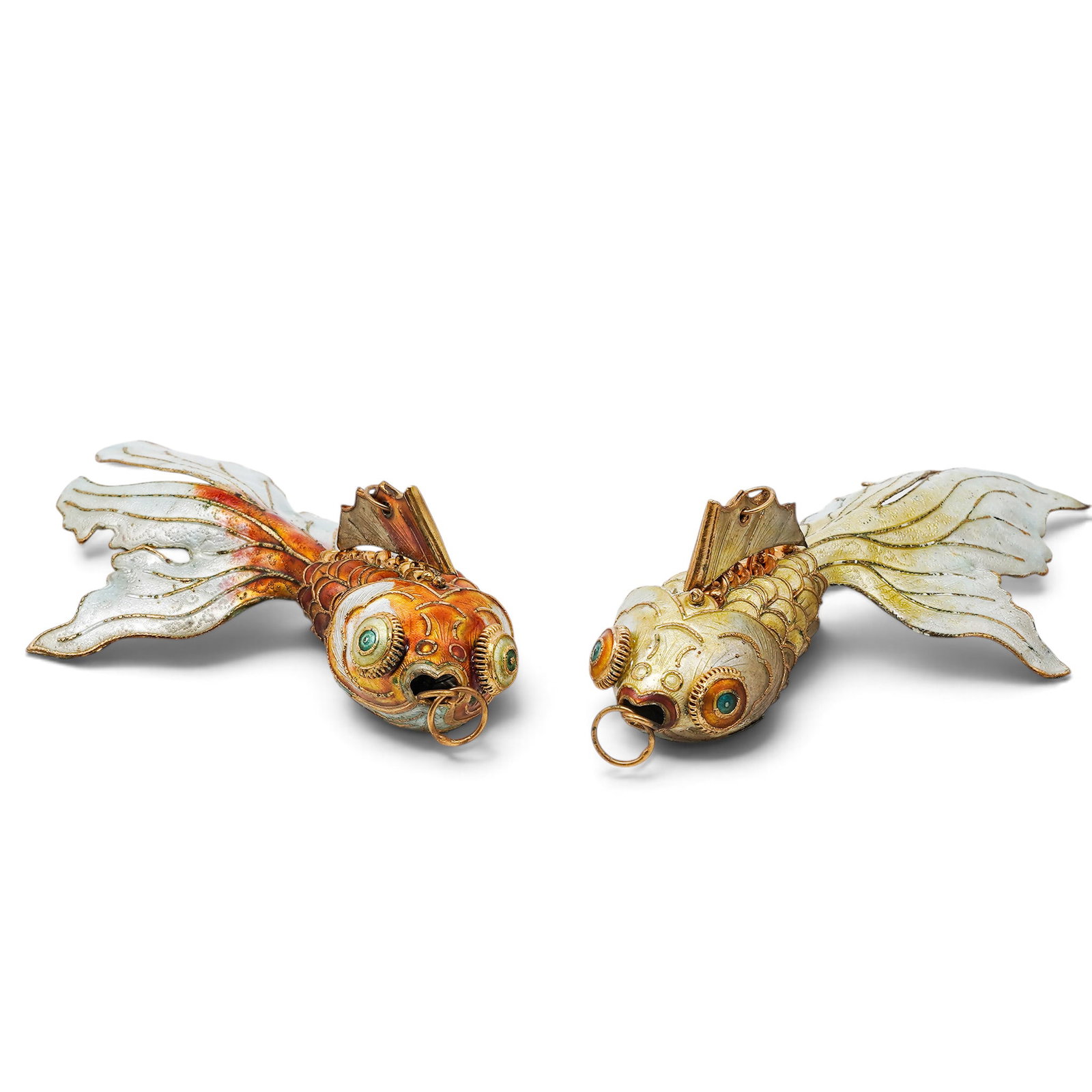 (2 pc) Vintage Chinese Gilt Silver & Cloisonne Enamel Goldfish Pendants: (2 pc) Vintage Chinese Gilt Silver & Cloisonne Enamel Goldfish Pendants Mid-20th Century, China Artist/Designer/Manufacturer: Unknown. Marking(s): None. Materials: Gilt silver & enamel. Cataloger Note