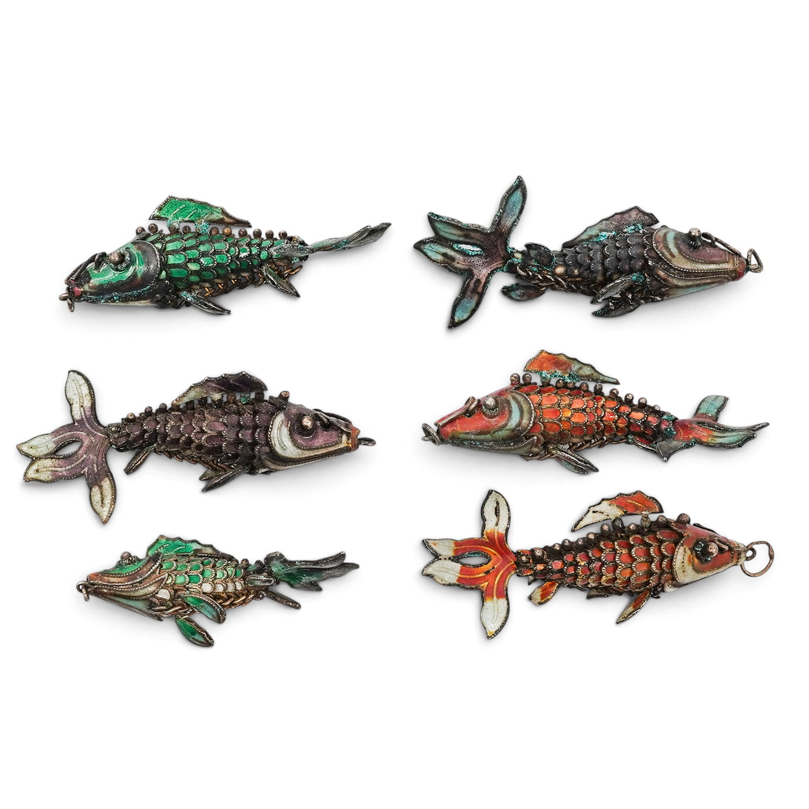 (6 pc) Vintage Chinese Gilt Silver & Cloisonne Enamel Fish Pendants: (6 pc) Vintage Chinese Gilt Silver & Cloisonne Enamel Fish Pendants Mid 20th Century, China Artist/Designer/Manufacturer: Unknown. Marking(s): None. Materials: Gilt silver & enamel. Cataloger Note: Gr