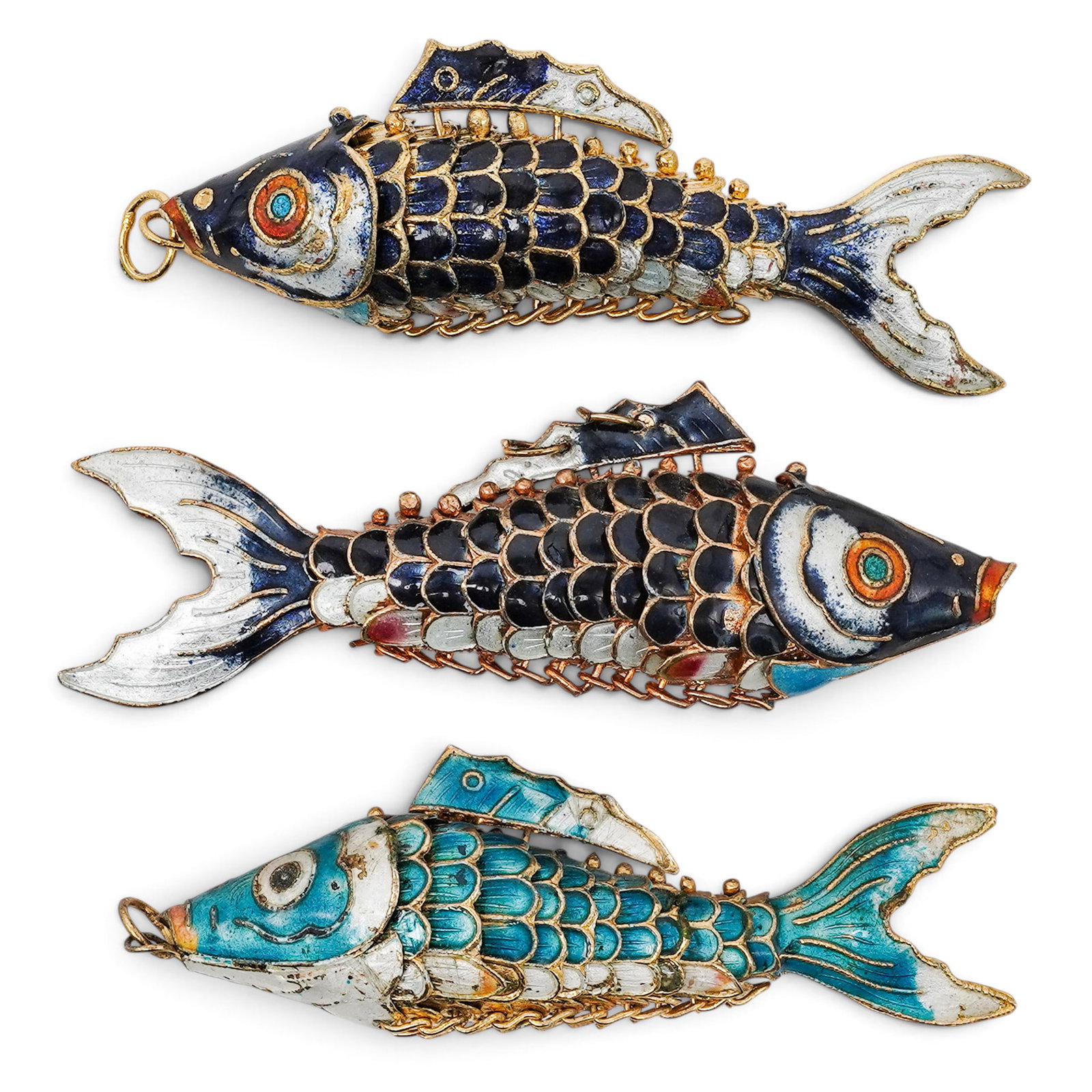 (3 pc) Vintage Chinese Gilt & Cloisonne Enamel Fish Pendants: (3 pc) Vintage Chinese Gilt & Cloisonne Enamel Fish Pendants Mid-Late 20th Century, China Artist/Designer/Manufacturer: Unknown. Marking(s): None. Materials: Gilt metal & enamel. Cataloger Note: Group