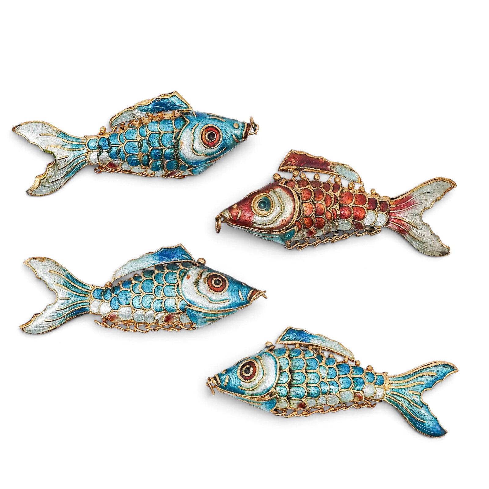 (4 pc) Vintage Chinese Gilt & Cloisonne Enamel Fish Pendants: (4 pc) Vintage Chinese Gilt & Cloisonne Enamel Fish Pendants Mid-20th Century, China Artist/Designer/Manufacturer: Unknown. Marking(s): None. Materials: Gilt metal & enamel. Cataloger Note: Group of f