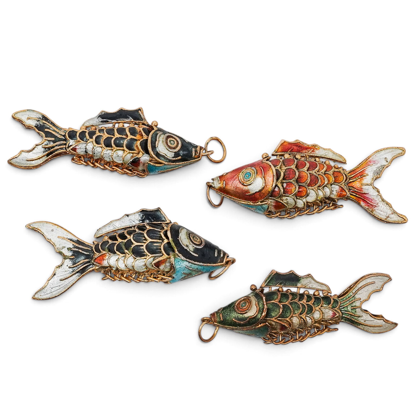 (4 pc) Vintage Chinese Gilt & Cloisonne Enamel Fish Pendants: (4 pc) Vintage Chinese Gilt & Cloisonne Enamel Fish Pendants Mid-20th Century, China Artist/Designer/Manufacturer: Unknown. Marking(s): None. Materials: Gilt metal & enamel. Cataloger Note: Group of f
