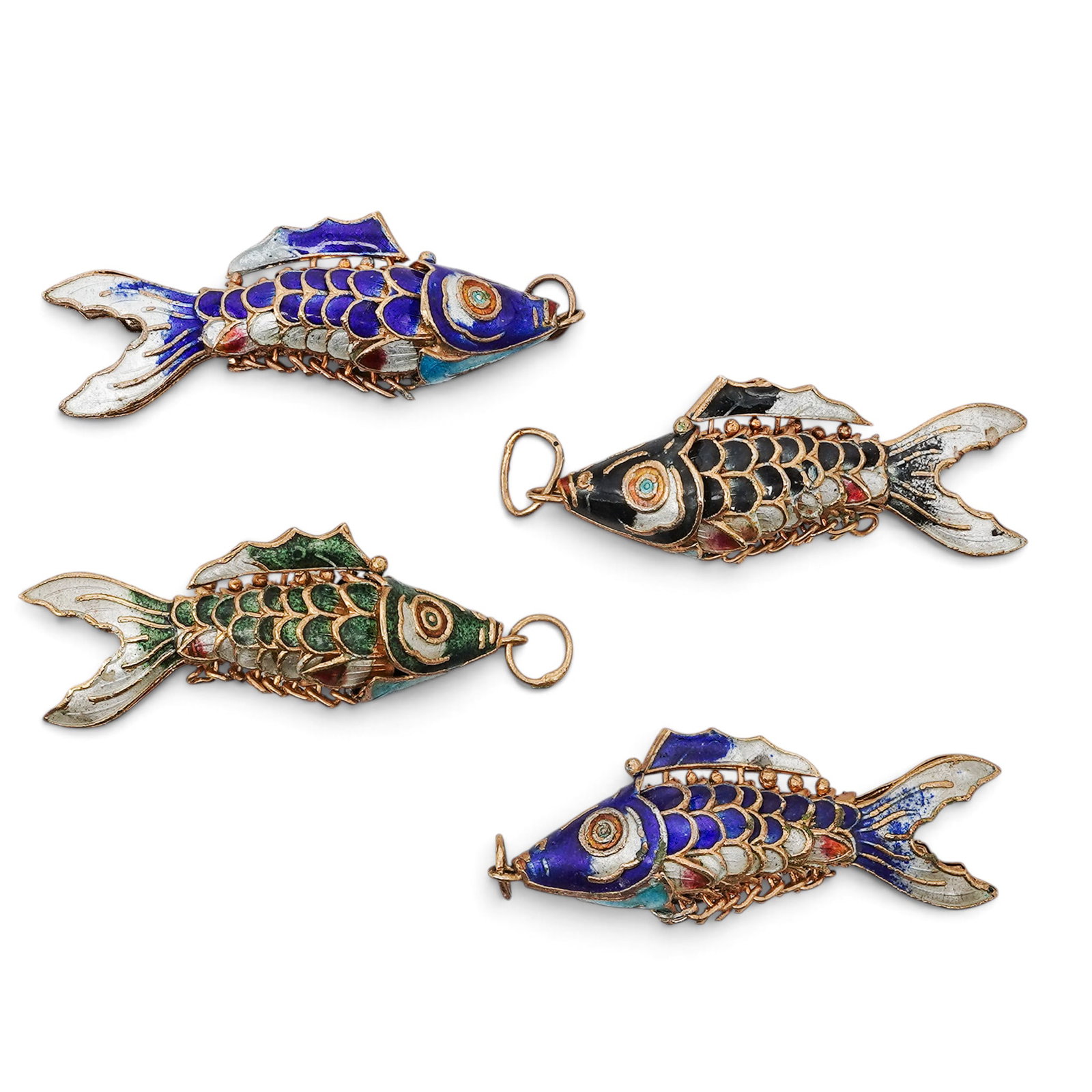 (4 pc) Vintage Chinese Gilt & Cloisonne Enamel Articulated Fish Pendants: (4 pc) Vintage Chinese Gilt & Cloisonne Enamel Articulated Fish Pendants Mid 20th Century, China Artist/Designer/Manufacturer: Unknown. Marking(s): None. Materials: Gilt metal & enamel. Cataloger Note