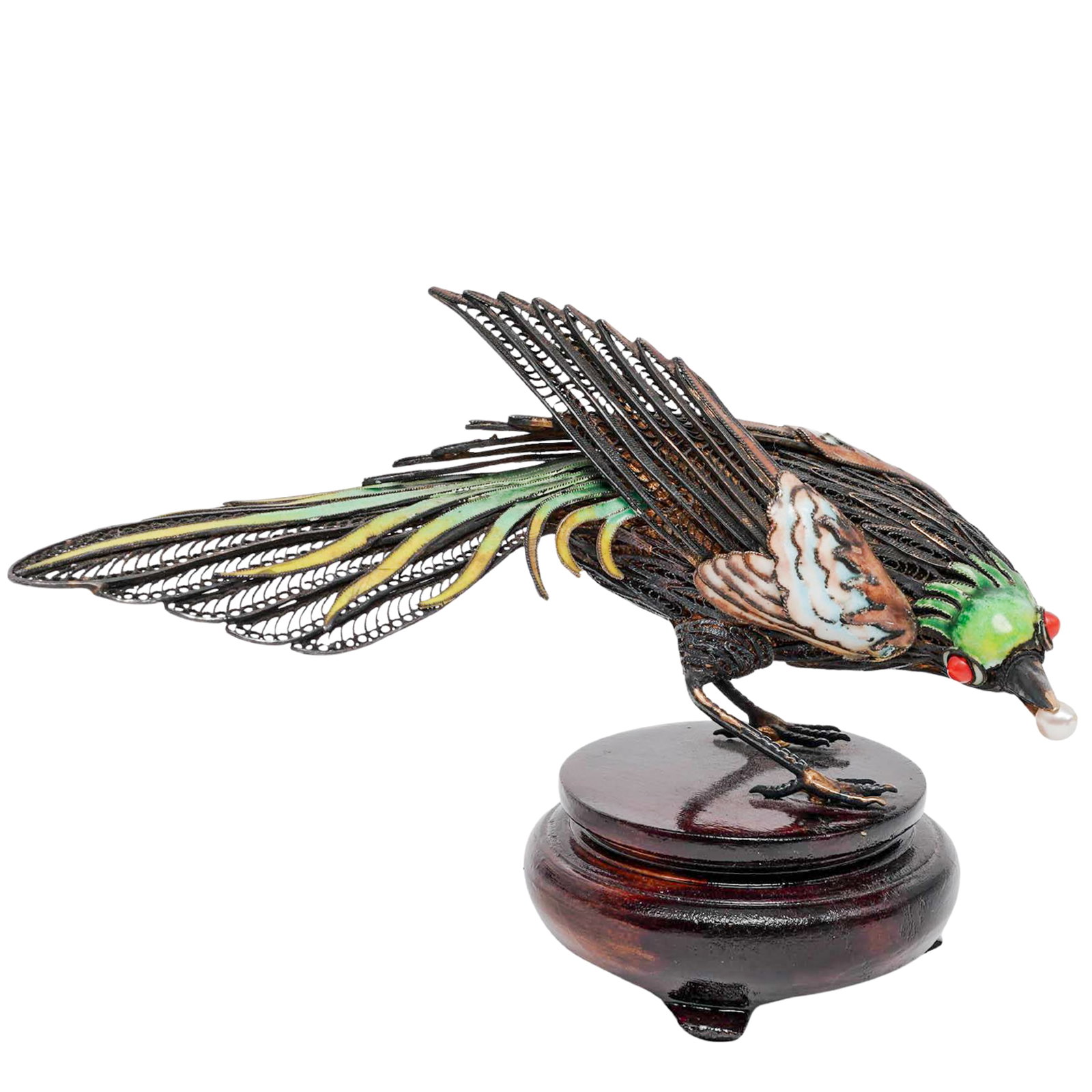 Antique Chinese Silver & Enamel Bird Sculpture: Antique Chinese Silver & Enamel Bird Sculpture Early-Mid 20th Century, China Artist/Designer/Manufacturer: Unknown. Marking(s): “Silver” marked beneath tail. Materials: Silver, wood, enamel, &