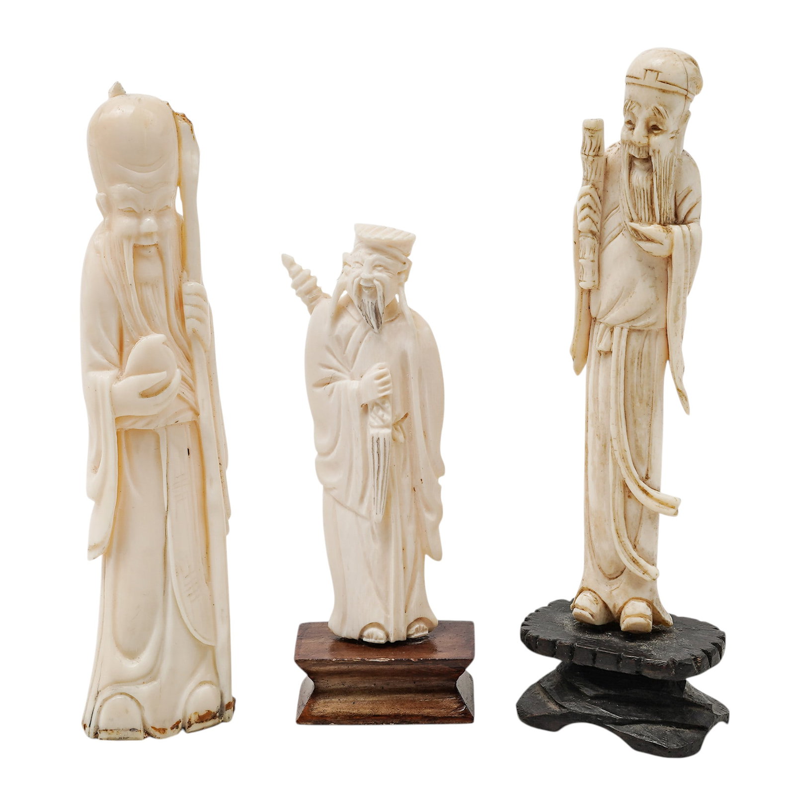 (3 pc) Antique Chinese Carved Bone Figural Sculptures: (3 pc) Antique Chinese Carved Bone Figural Sculptures Early 20th Century, China Artist/Designer/Manufacturer: Unknown. Marking(s): None. Materials: Bone & wood. Cataloger Note: Chinese carved bone fig