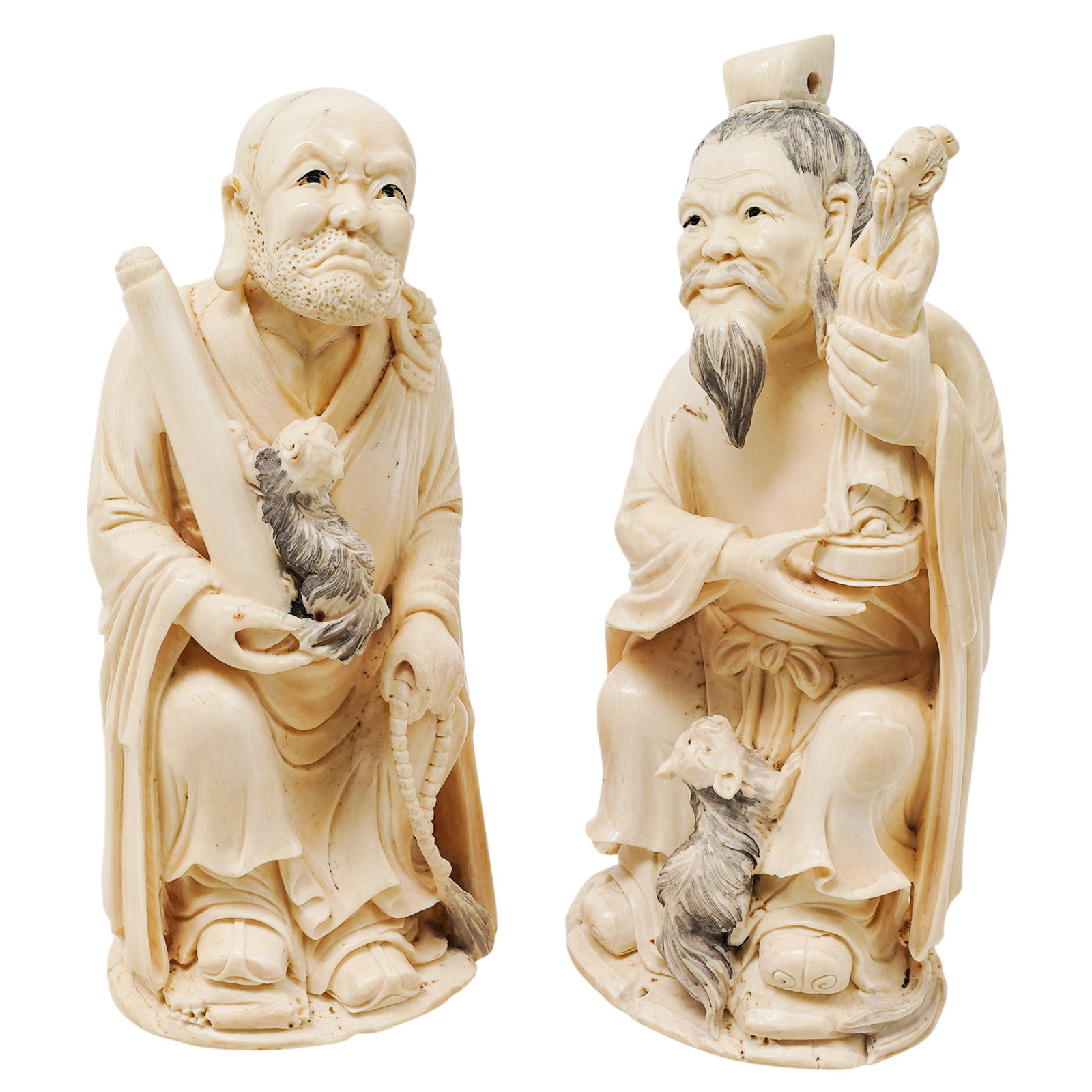 (2 pc) Antique Japanese Carved Bone Okimono Immortal Figurines (1 of 13)
