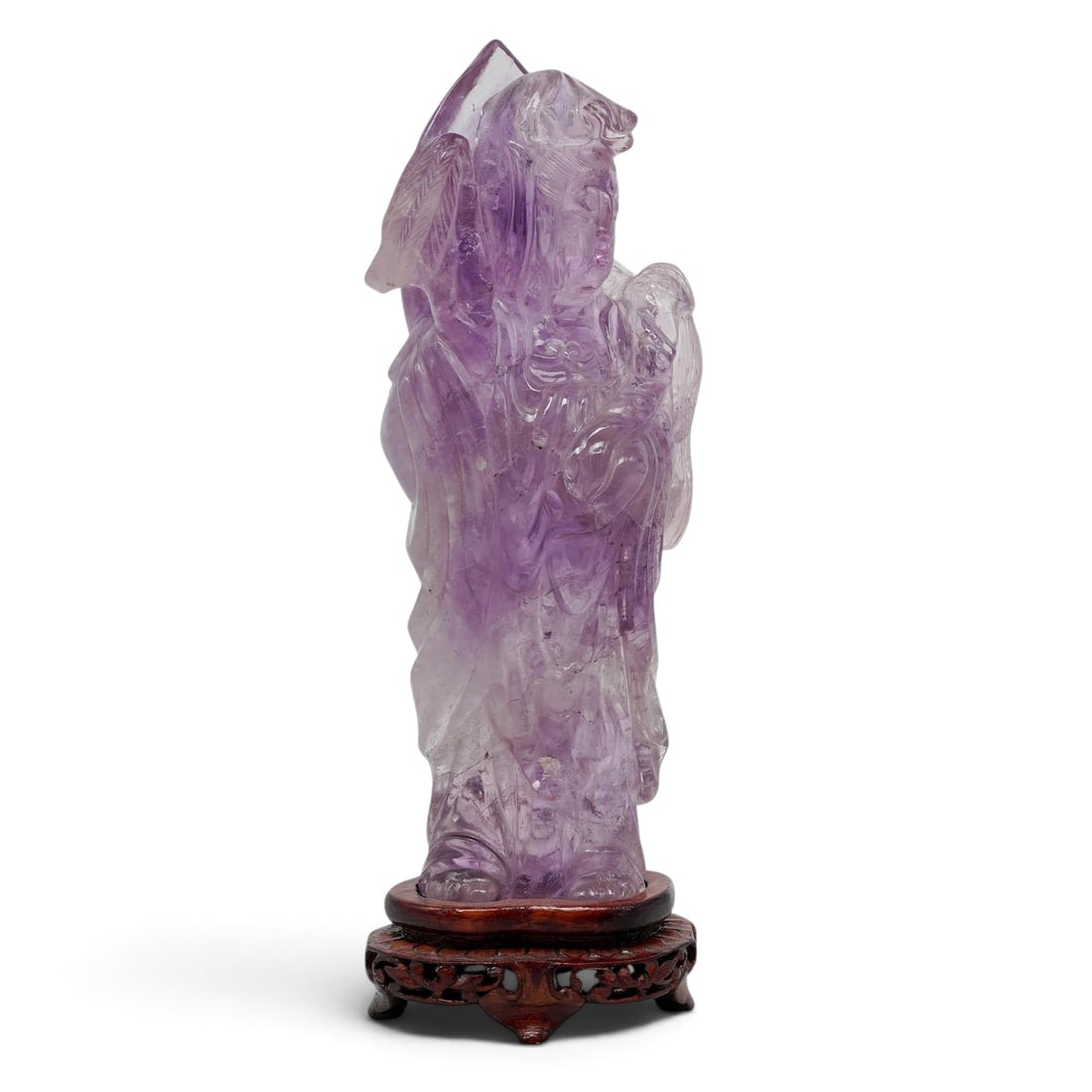 Antique Chinese Carved Amethyst Guanyin Statue: Antique Chinese Carved Amethyst Guanyin Statue Early-Mid 20th Century, China Artist/Designer/Manufacturer: Chinese. Marking(s): None. Materials: Amethyst quartz & wood. Cataloger Note: Chinese hand-ca