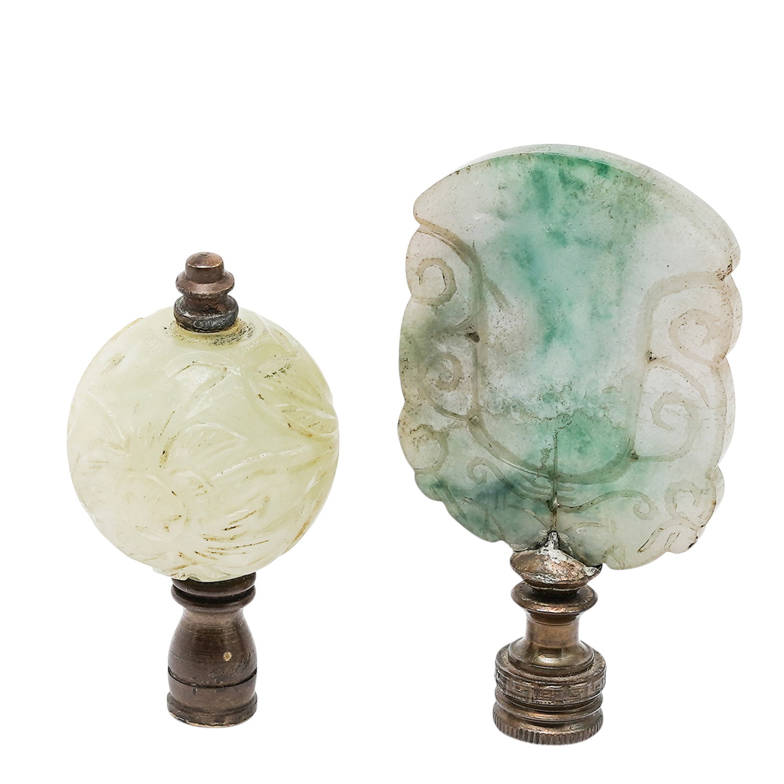 (2pc) Chinese Carved Jade & Brass Lamp Finials (1 of 6)