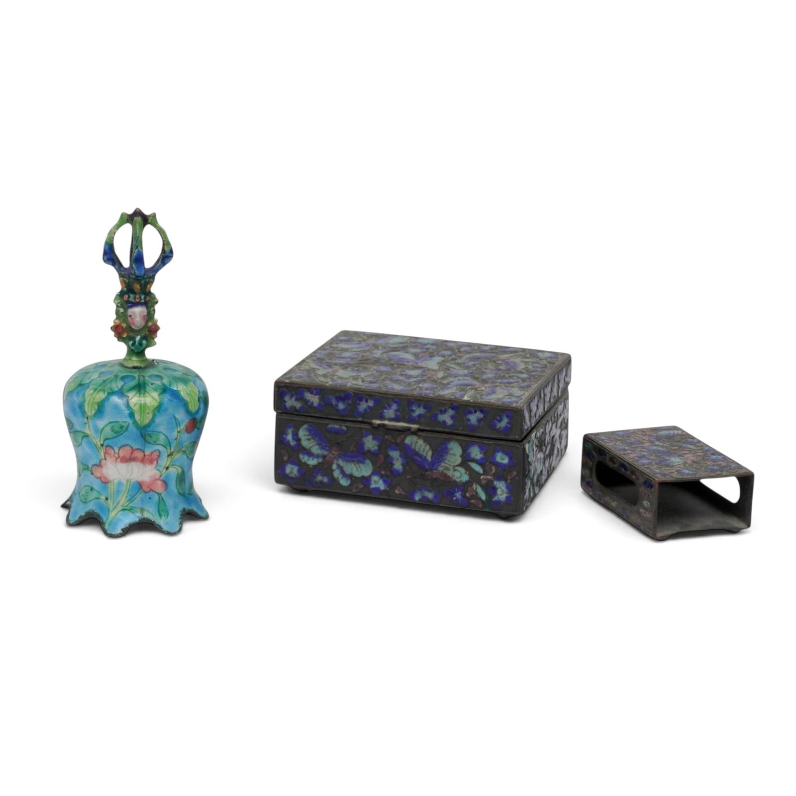 (3 pc) Vintage Chinese Cloisonne Enameled Bell & Boxes (1 of 6)