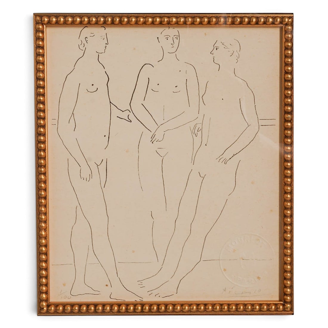 After Pablo Picasso "Les Trois Amies" Lithograph: After Pablo Picasso "Les Trois Amies" Lithograph 20th Century, France Artist/Designer/Manufacturer: Pablo Picasso. Marking(s): Signed in pencil; numbered 1/100 at lower left; circular “MOURLOT PARIS