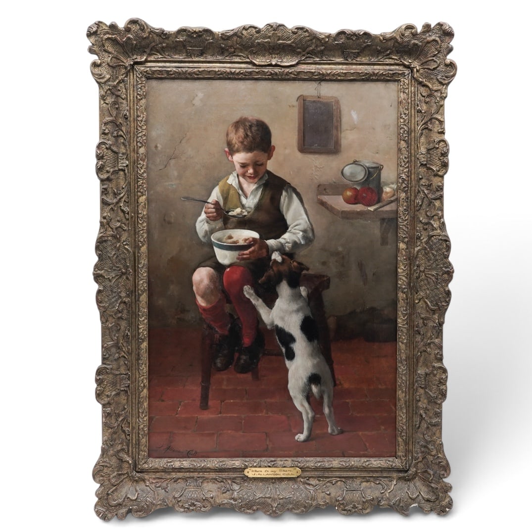 James Allanson Cull (British 1846-1919) 'Where Is My Share' Oil on Canvas: James Allanson Cull (British 1846-1919) 'Where Is My Share' Oil on Canvas 19th Century, England Artist/Designer/Manufacturer: James Allanson Cull (British, 1846–1919). Marking(s): Signed at lower