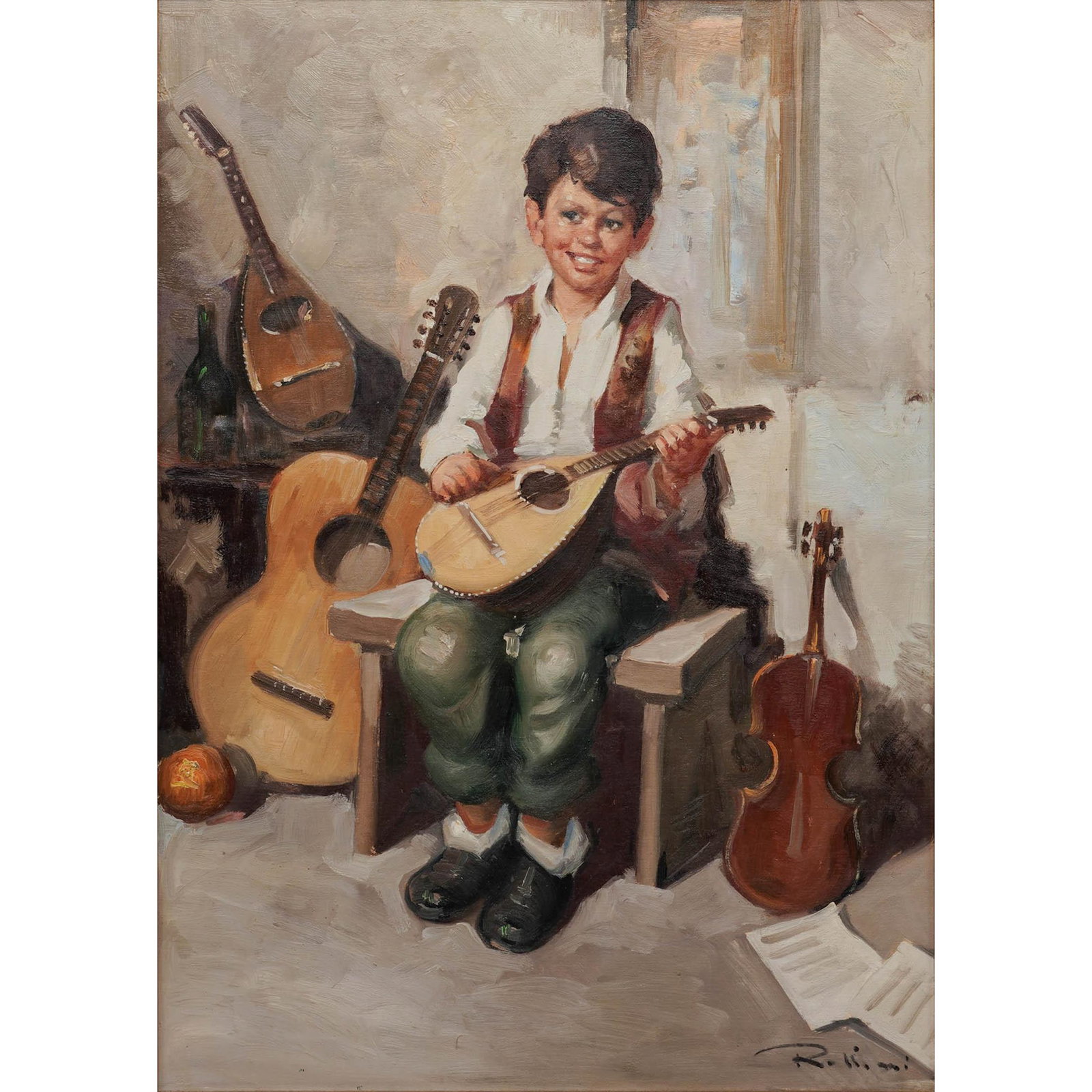 R. Ribini Young Boy Playing Mandolin Oil on Canvas: R. Ribini Young Boy Playing Mandolin Oil on Canvas Mid-20th Century, European Artist/Designer/Manufacturer: R. Ribini. Marking(s): Signed “R. Ribini” at lower right. Materials: Oil on canvas.