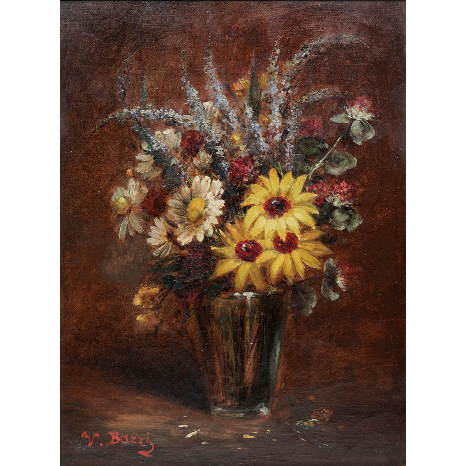 V. Bazzi (Italian) Still Life of Daisies, Oil on Canvas: V. Bazzi (Italian) Still Life of Daisies, Oil on Canvas 20th Century, Italy Artist/Designer/Manufacturer: Italian School. Marking(s): Signed by the artist at lower left. Materials: Oil on canvas.